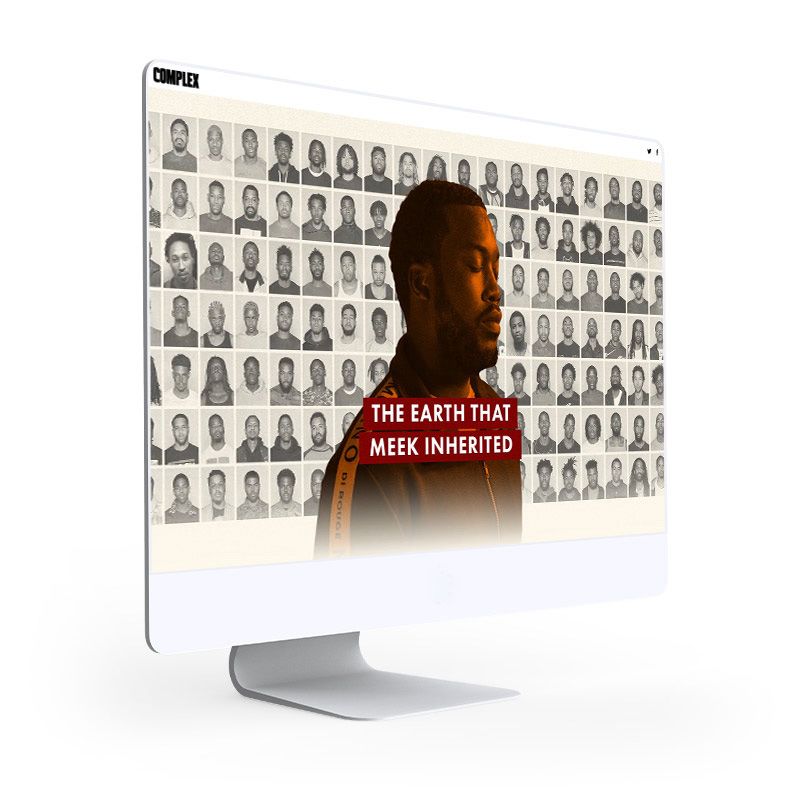 Photo of Meek Mill, in front of dozens of photos of Black men.