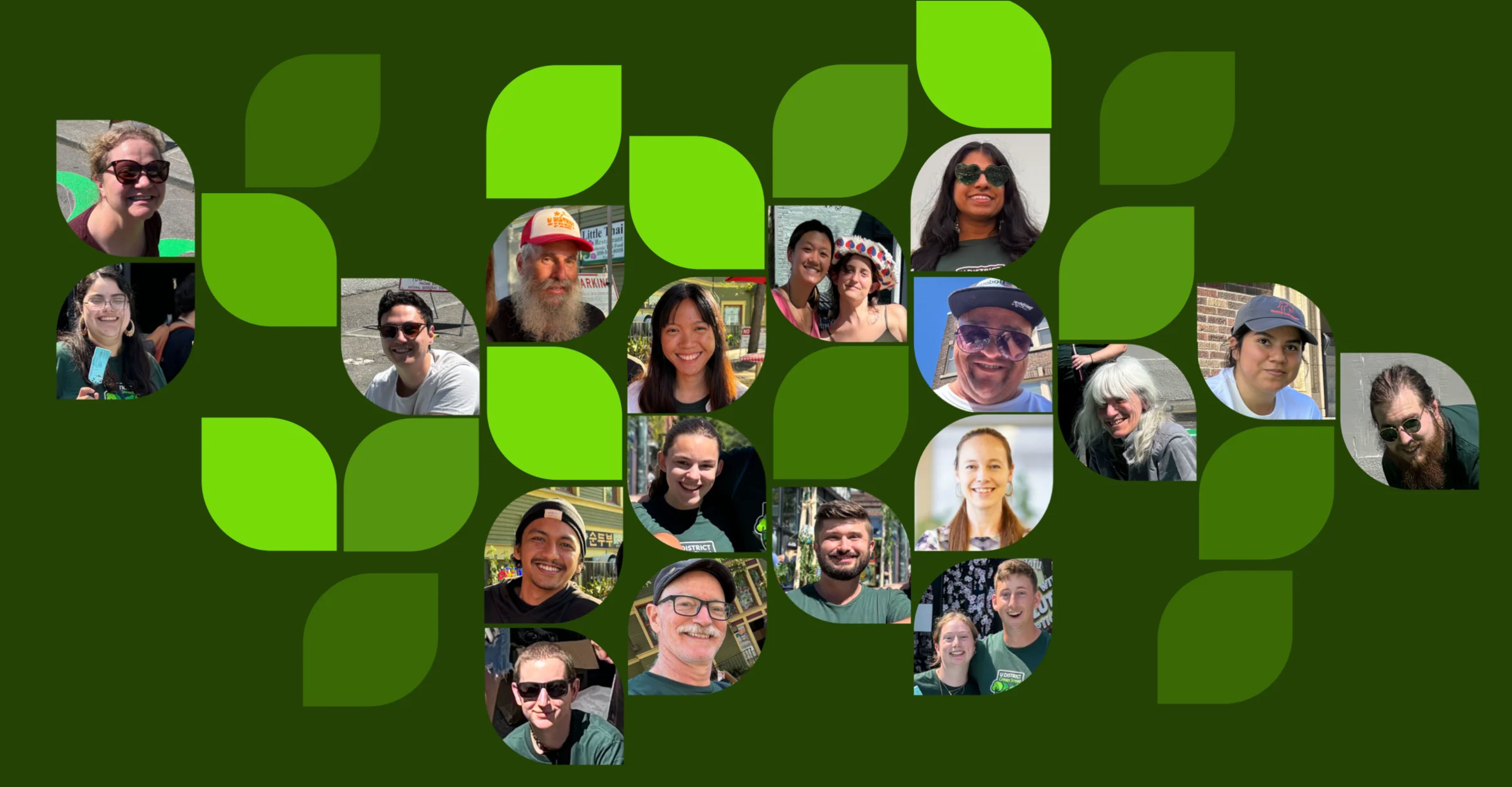 A collage of people's faces cropped into leaf shapes on a green background.