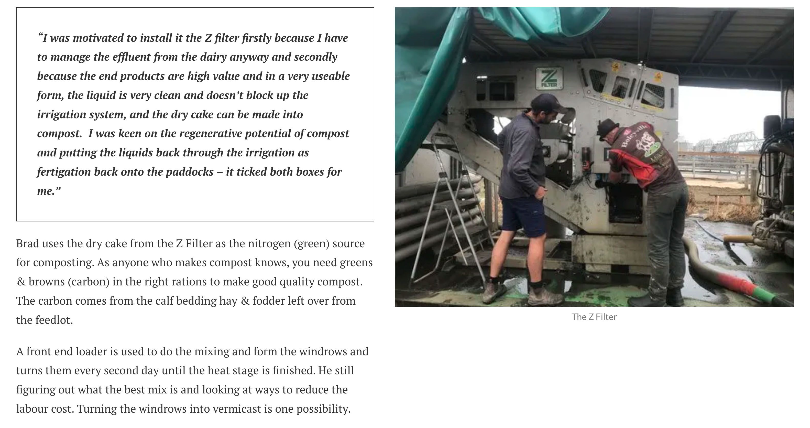 Two men inspect farming machinery.
