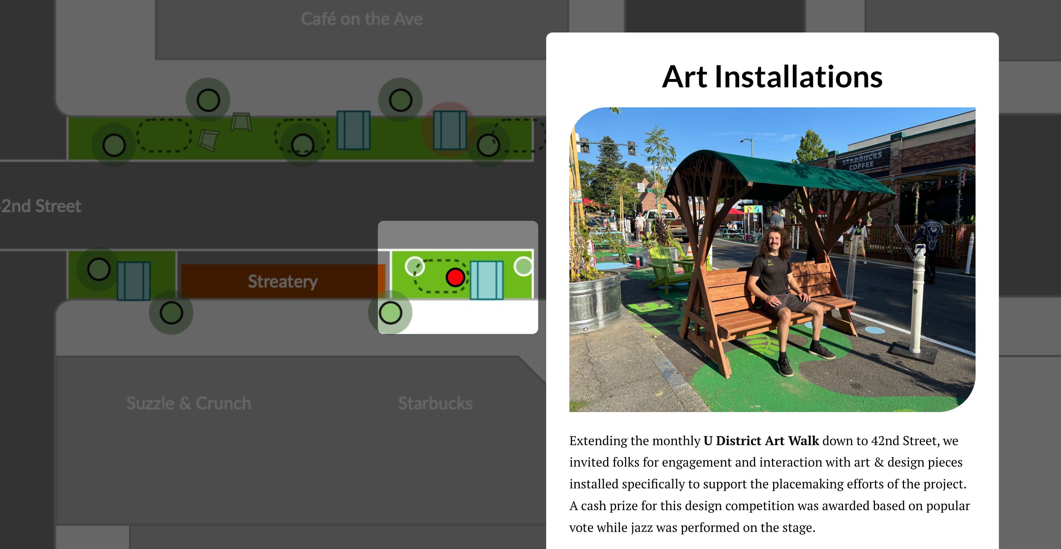 A map of a street, with a photograph of a man in a seat on the same street, and the copy 'Art installations'.