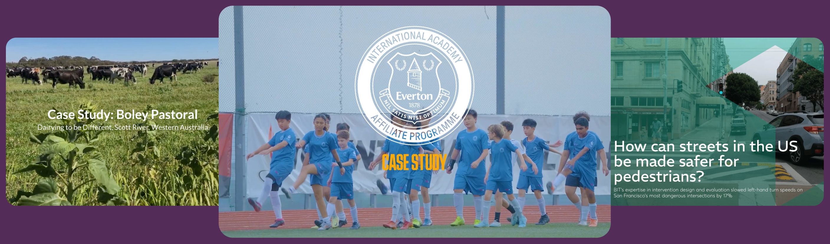 Three screenshots from online case studies arranged in a row.