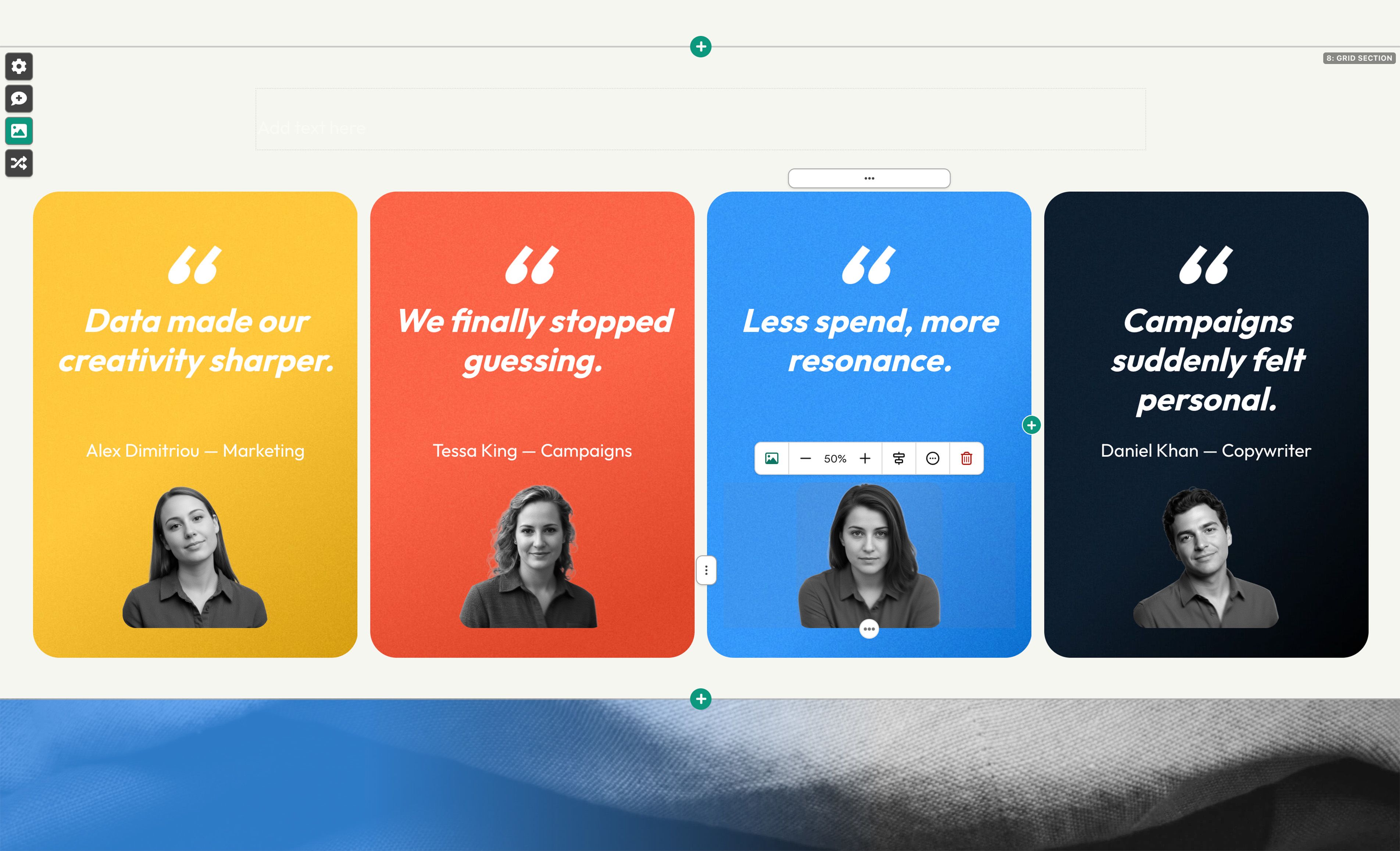 Four headshots with pullquote examples next to them.