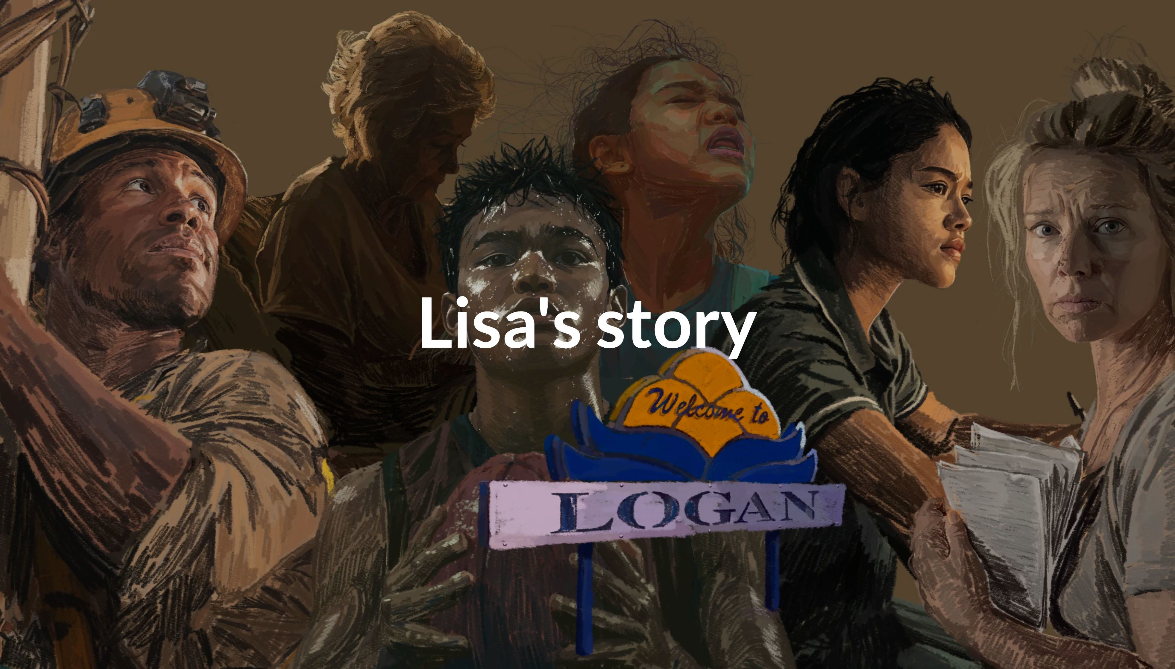 Illustrations of six family members behind the text: Lisa's story.