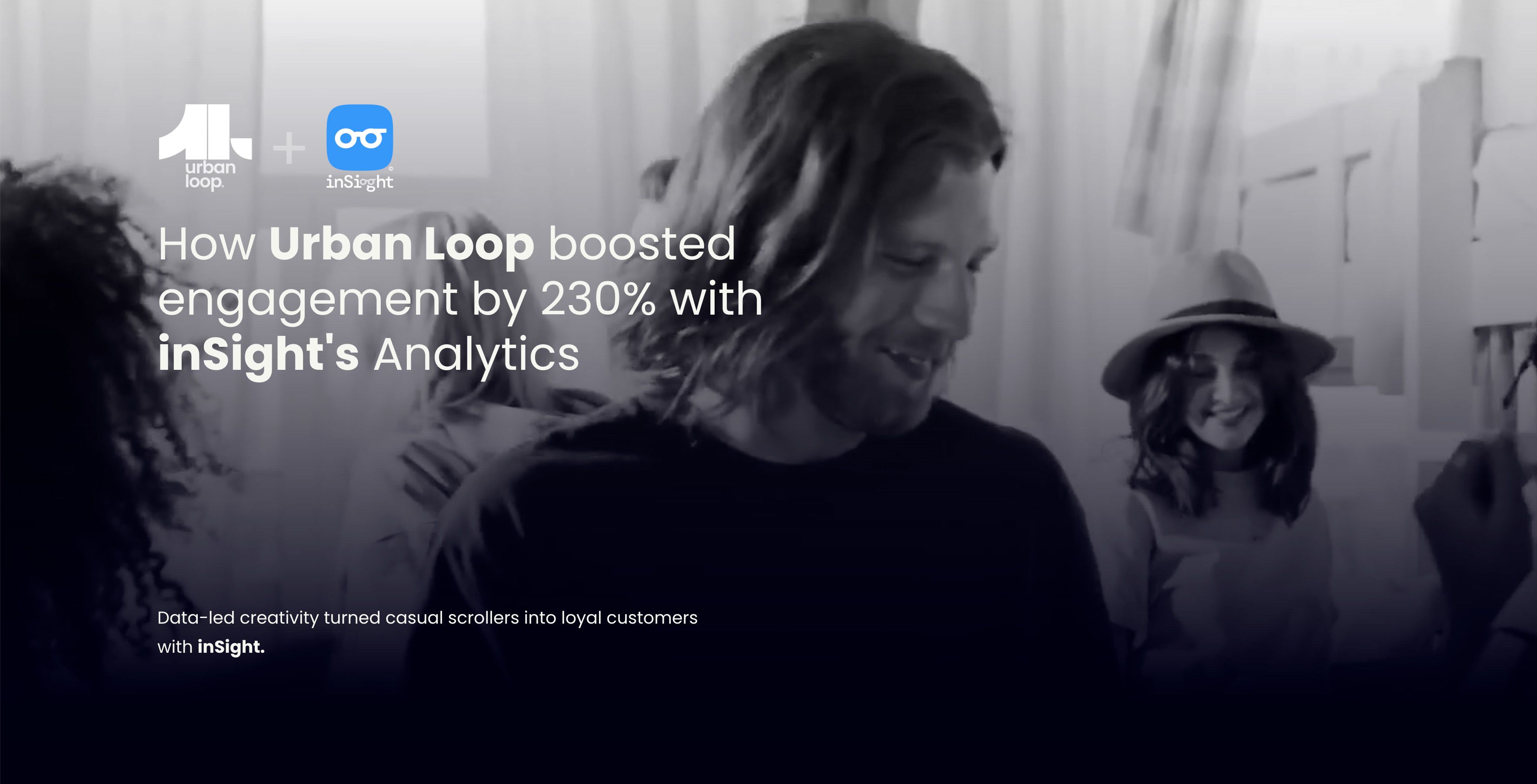 Blackand white photo of young adults partying. Case study text in the foreground.