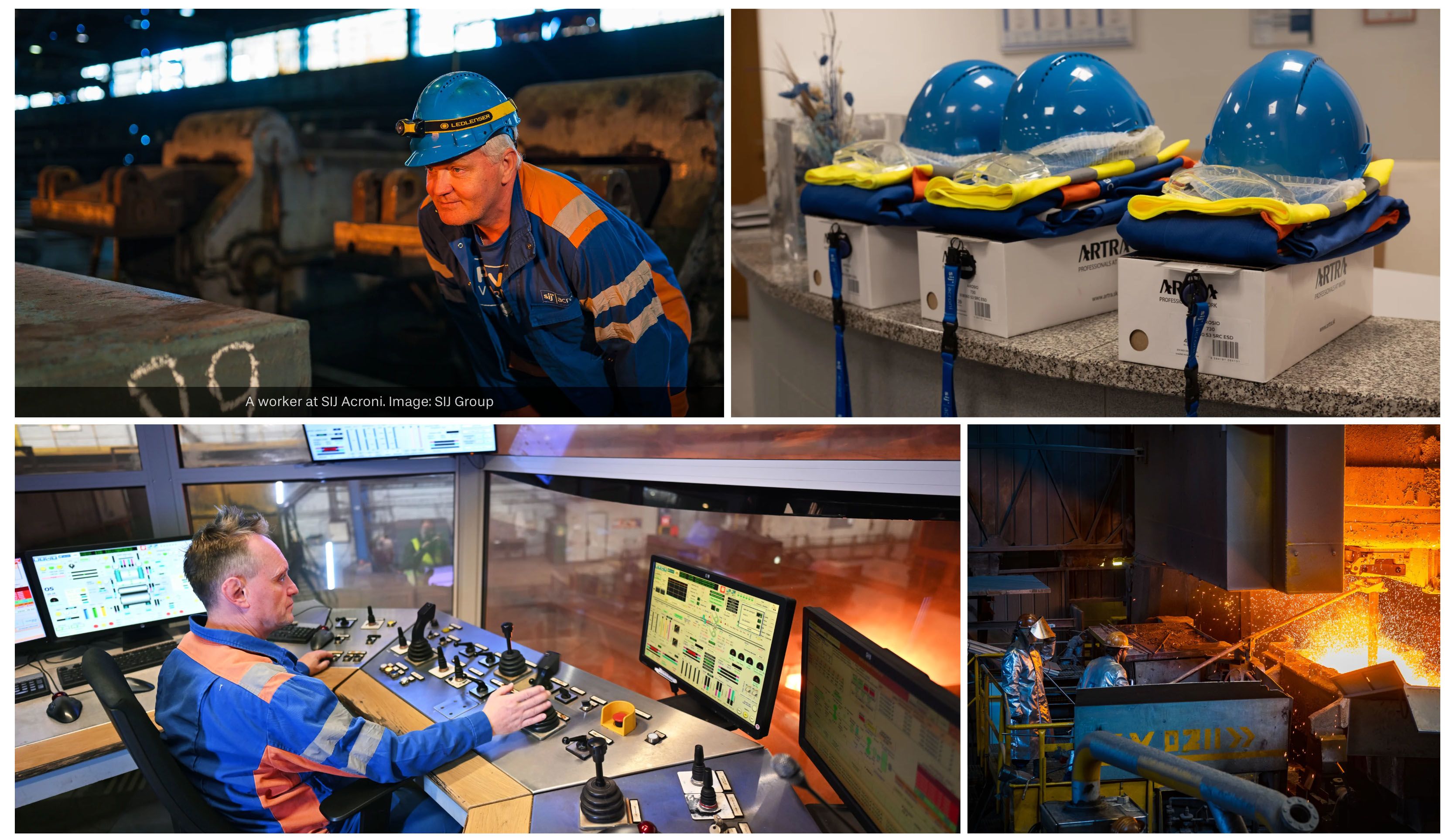 Selection of images from inside a factory. Workers in hardhats. Hardhats. A man at a computer control panel. A hot foundry.