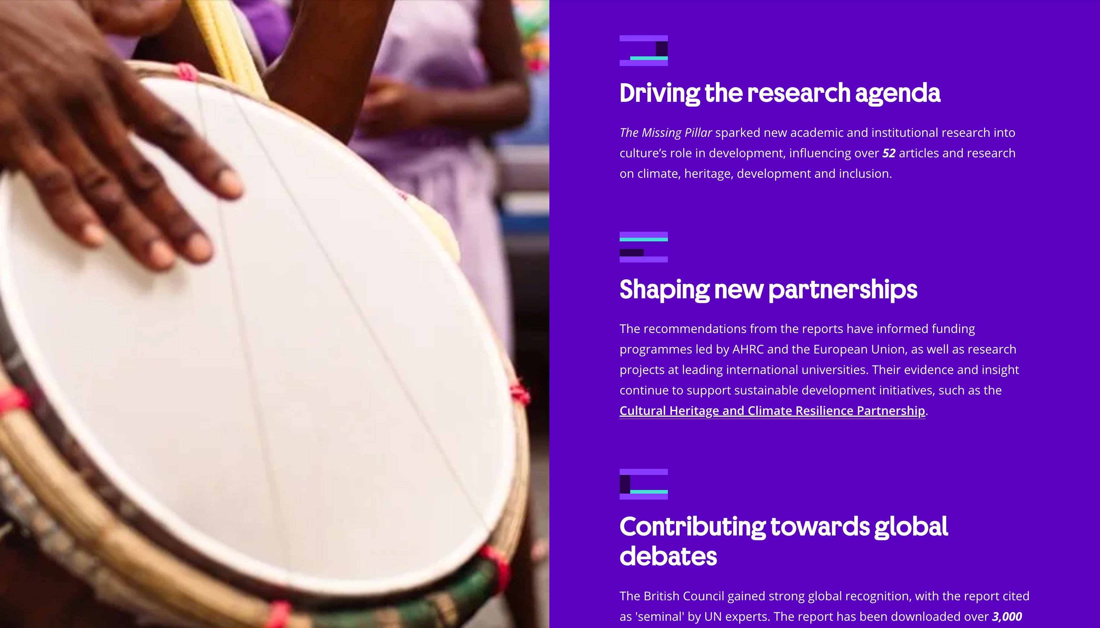 Screenshot from an online case study with a hand playing a drum accompanied by lines of text.