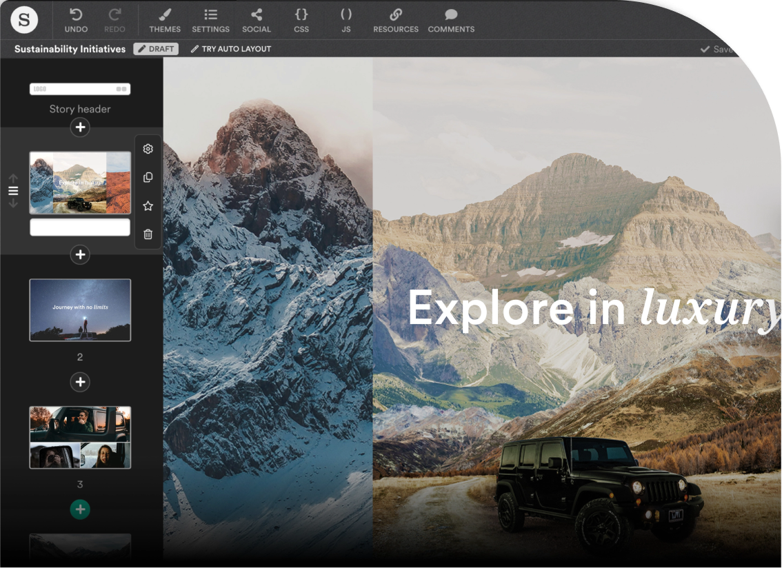 A screenshot of Shorthand's digital story editor.