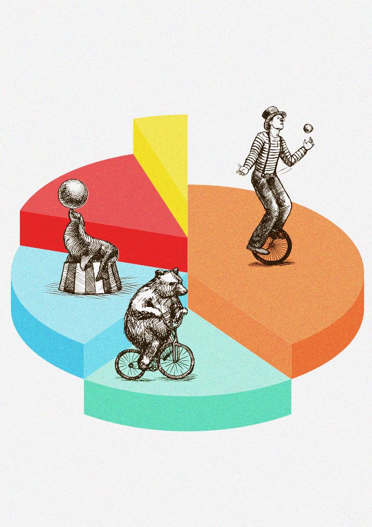 circus performer, seal and bear perform on 3D pie chart