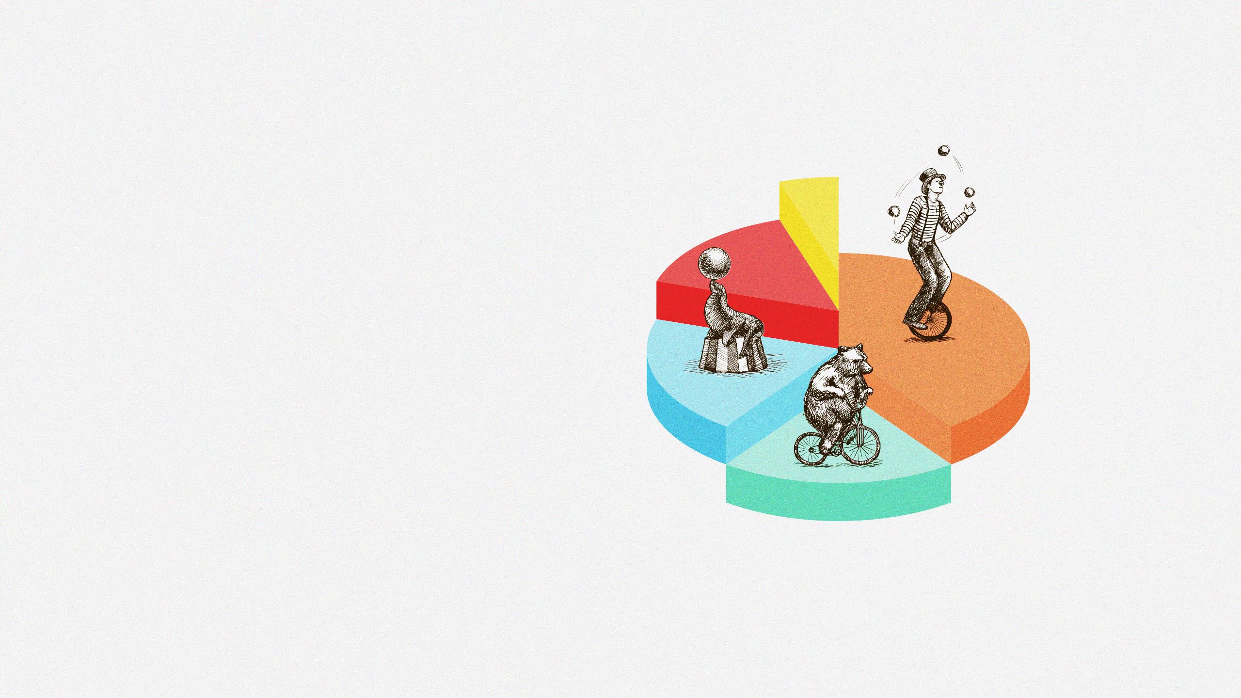 circus performer, seal, and bear perform on a 3D pie chart