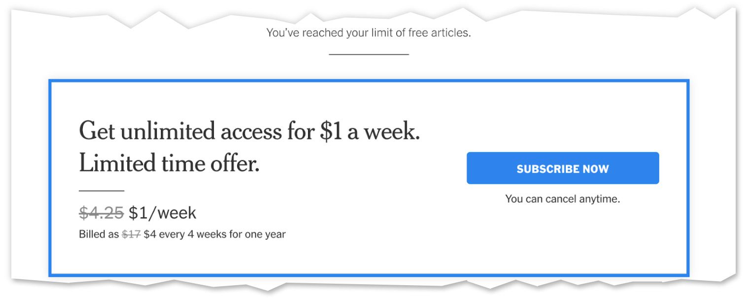 Screenshot of the New York Times' subscription call-out
