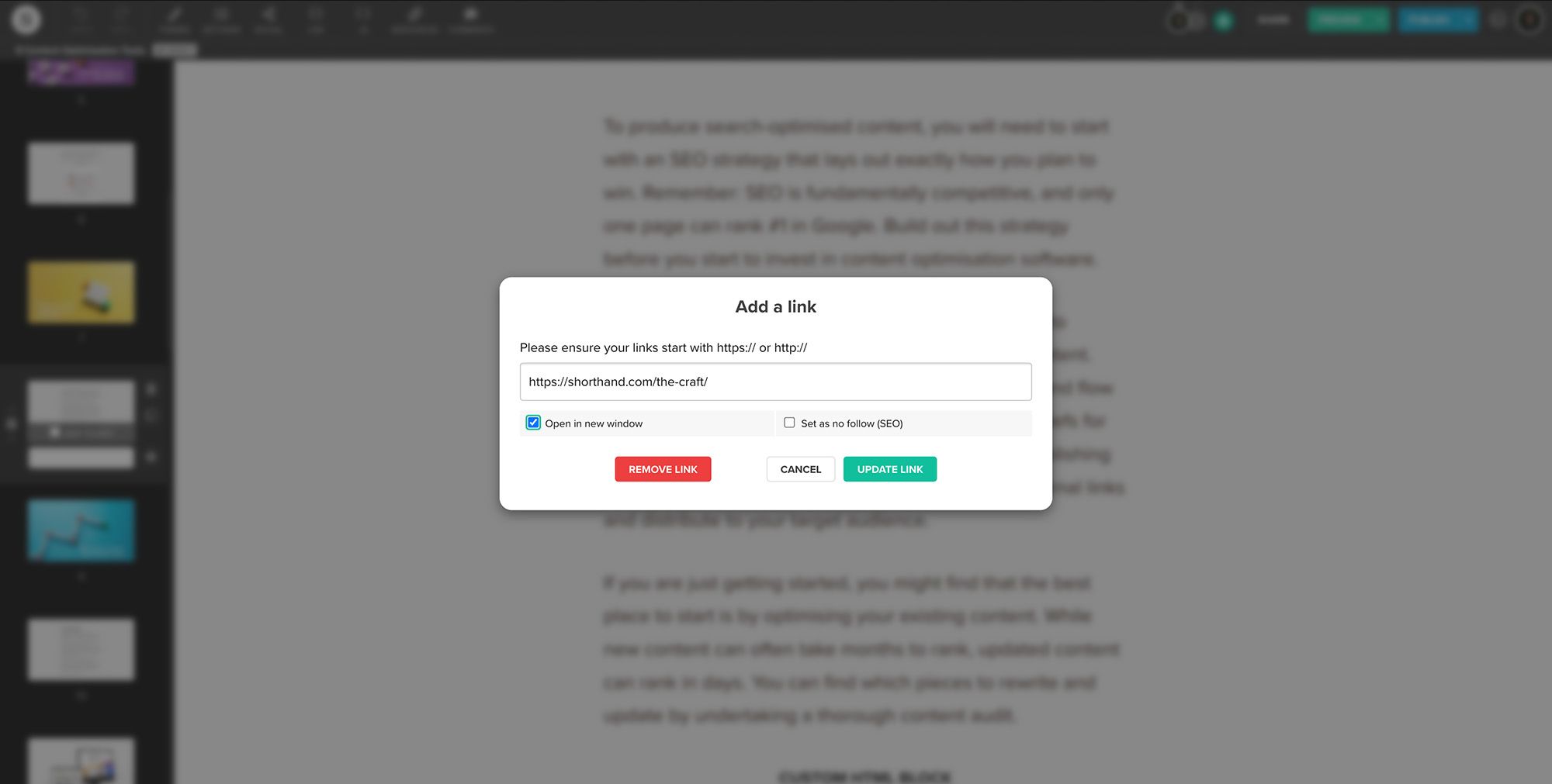 Inside the Shorthand editor, a pop-up reads 'add a link' with various options