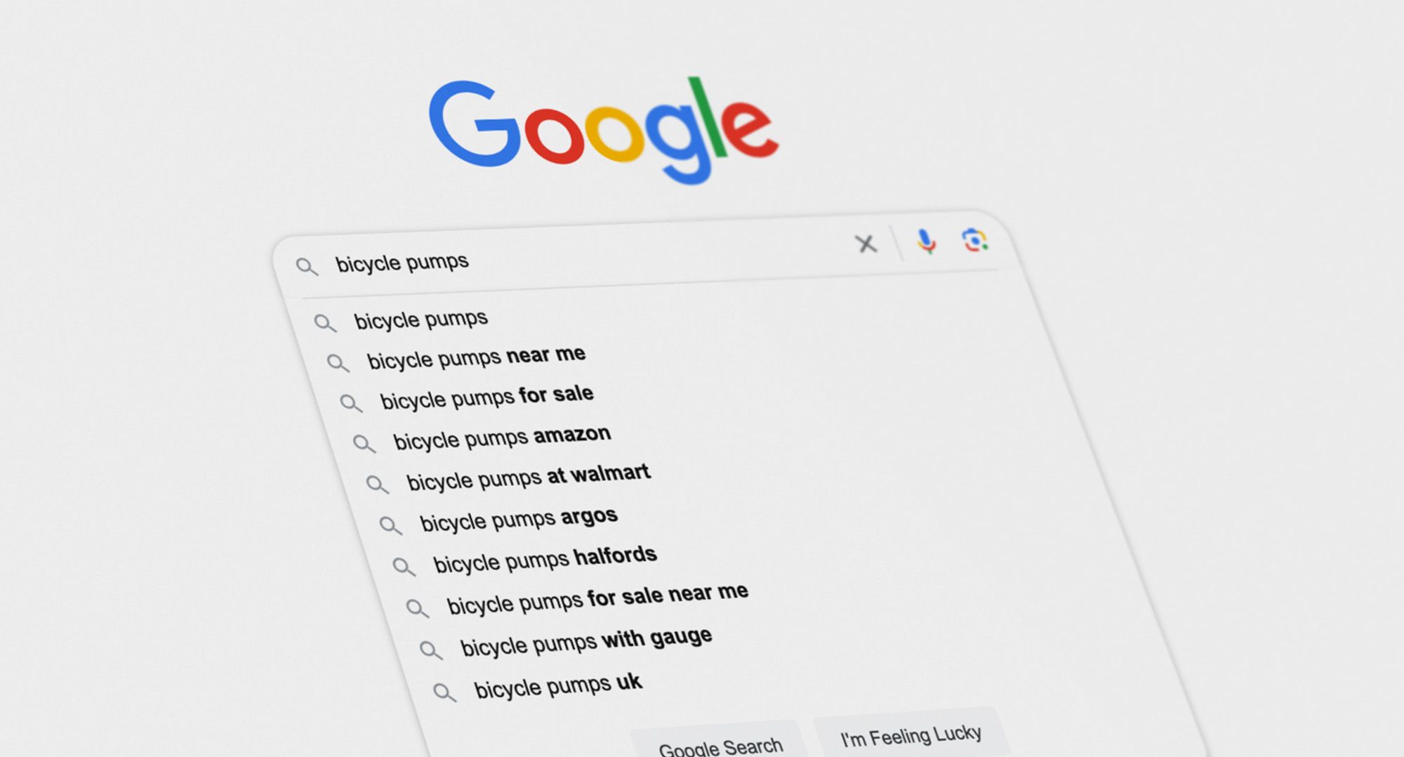 Google homepage with the phrase 'bicycle pumps' in the search bar and a list of suggested searches dropped below