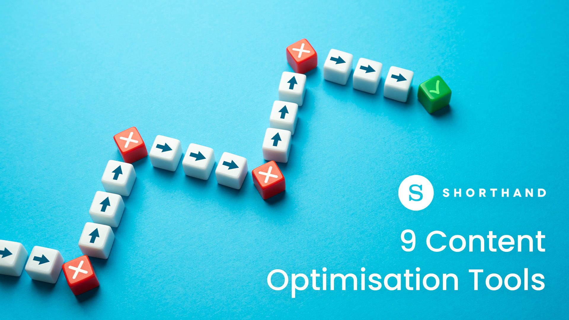 Title card with a pale blue background and a row of dice diagonally from the bottom left corner. In white font in the bottom right, the title '9 Content Optimisation Tools'