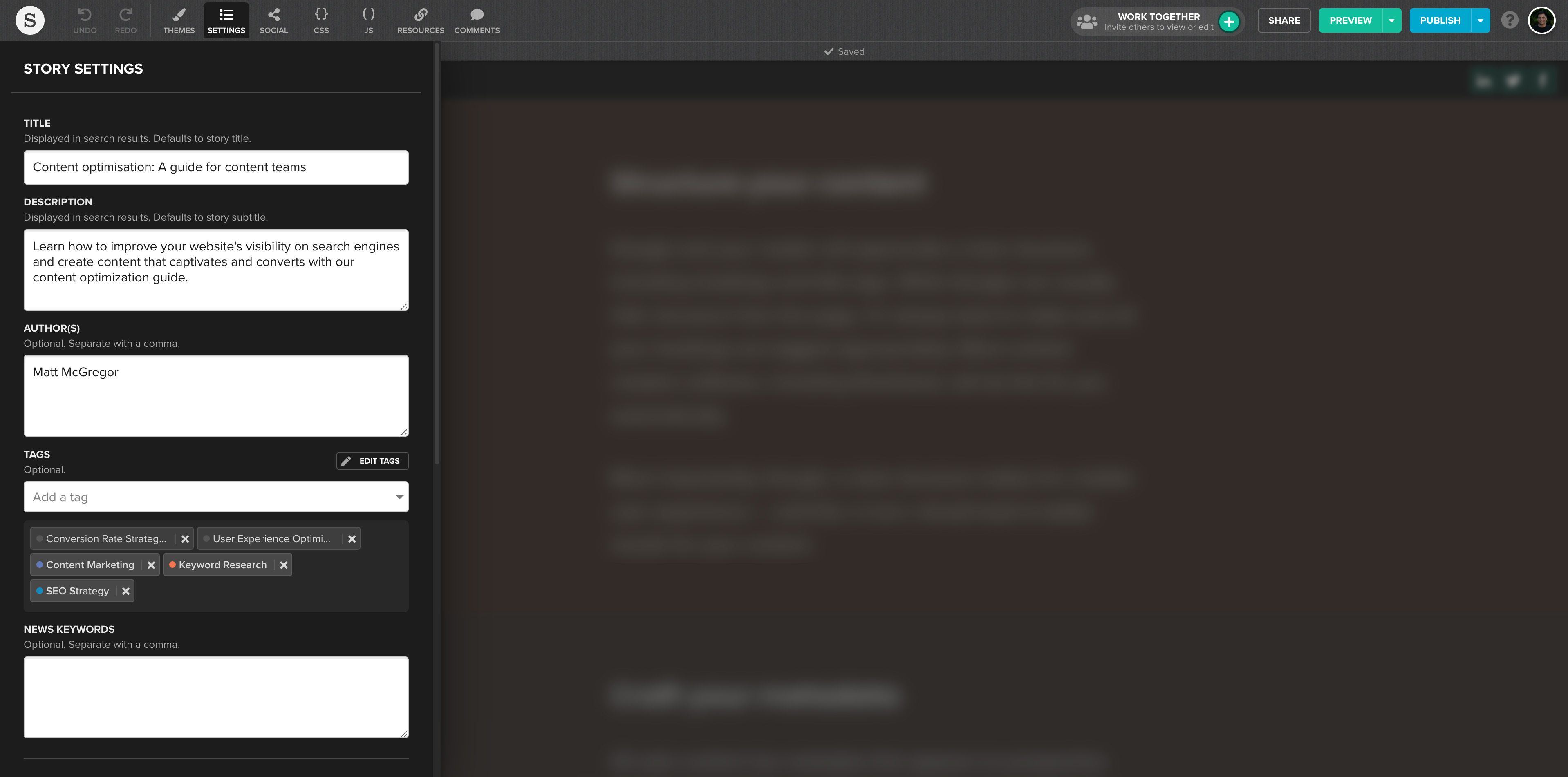 Detail from the Shorthand editor, with a side menu on the left open to 'story settings', including white text boxes on a dark grey background