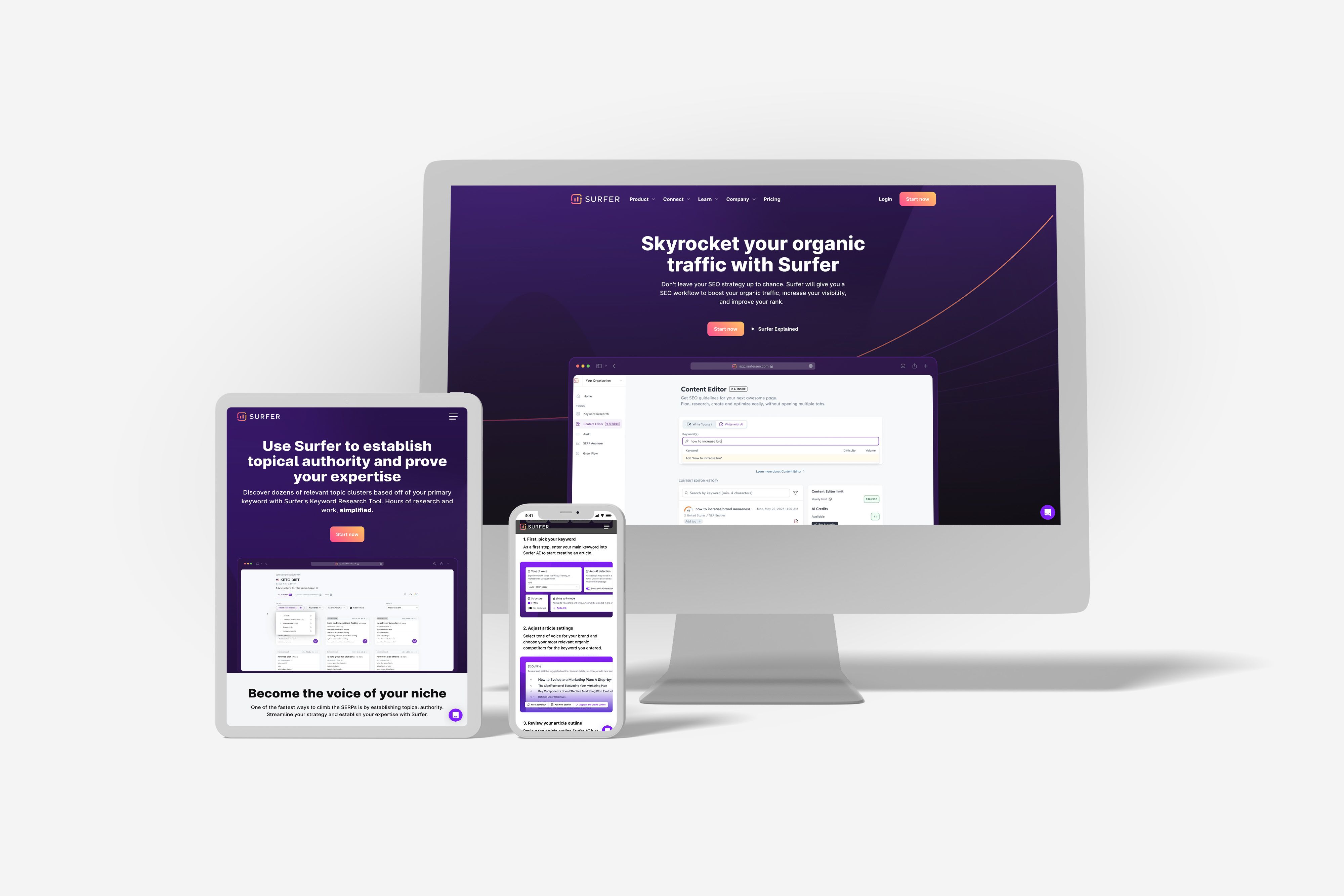Desktop, tablet, and mobile mockups showing the Surfer SEO website.