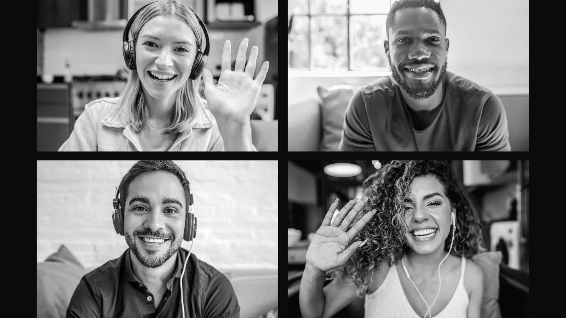 Black and white screen showing a video call between four colleagues. Each smiles, and the people in the top left and bottom right frame wave at the camera