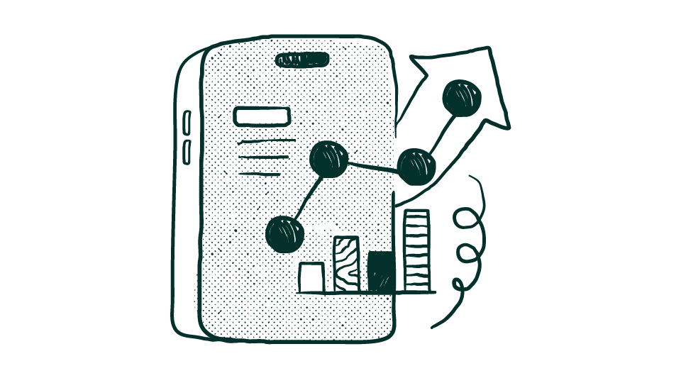 Cartoon illustration of a phone with graph charts popping out of it
