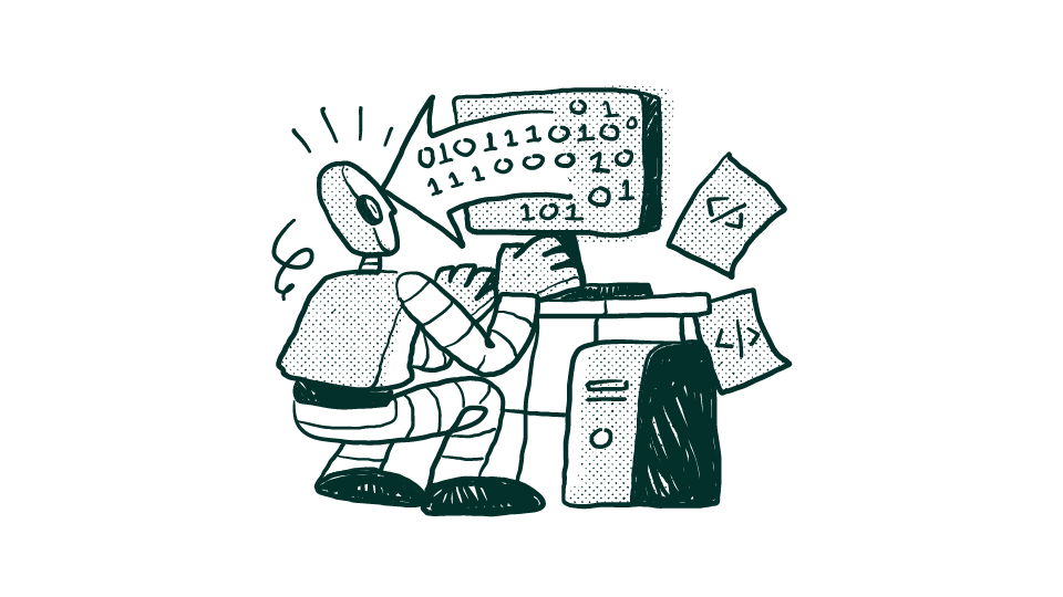 Cartoon illustration of a robot looking at lots of data