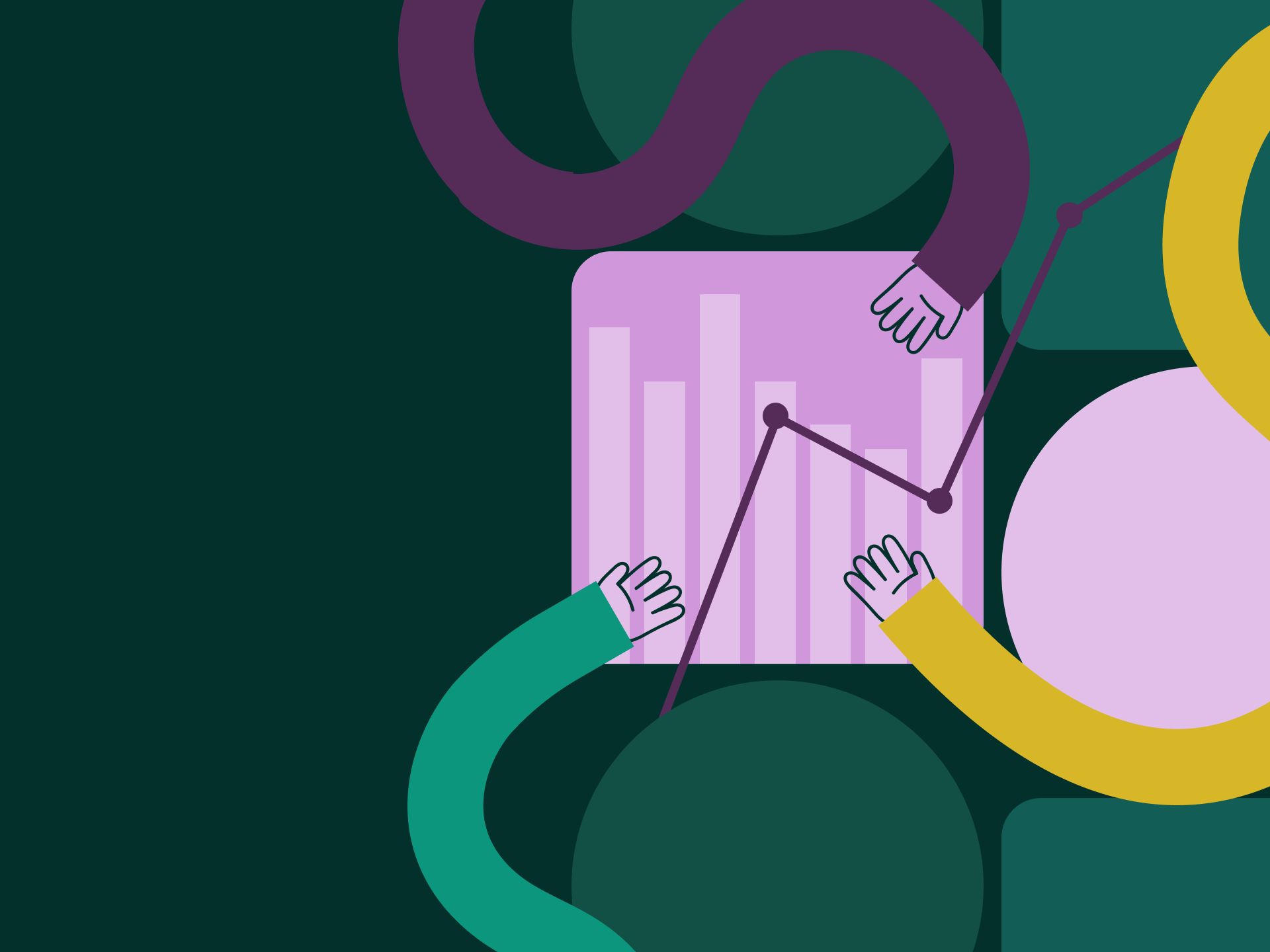 Three animated hands hover over a bar and line chart.