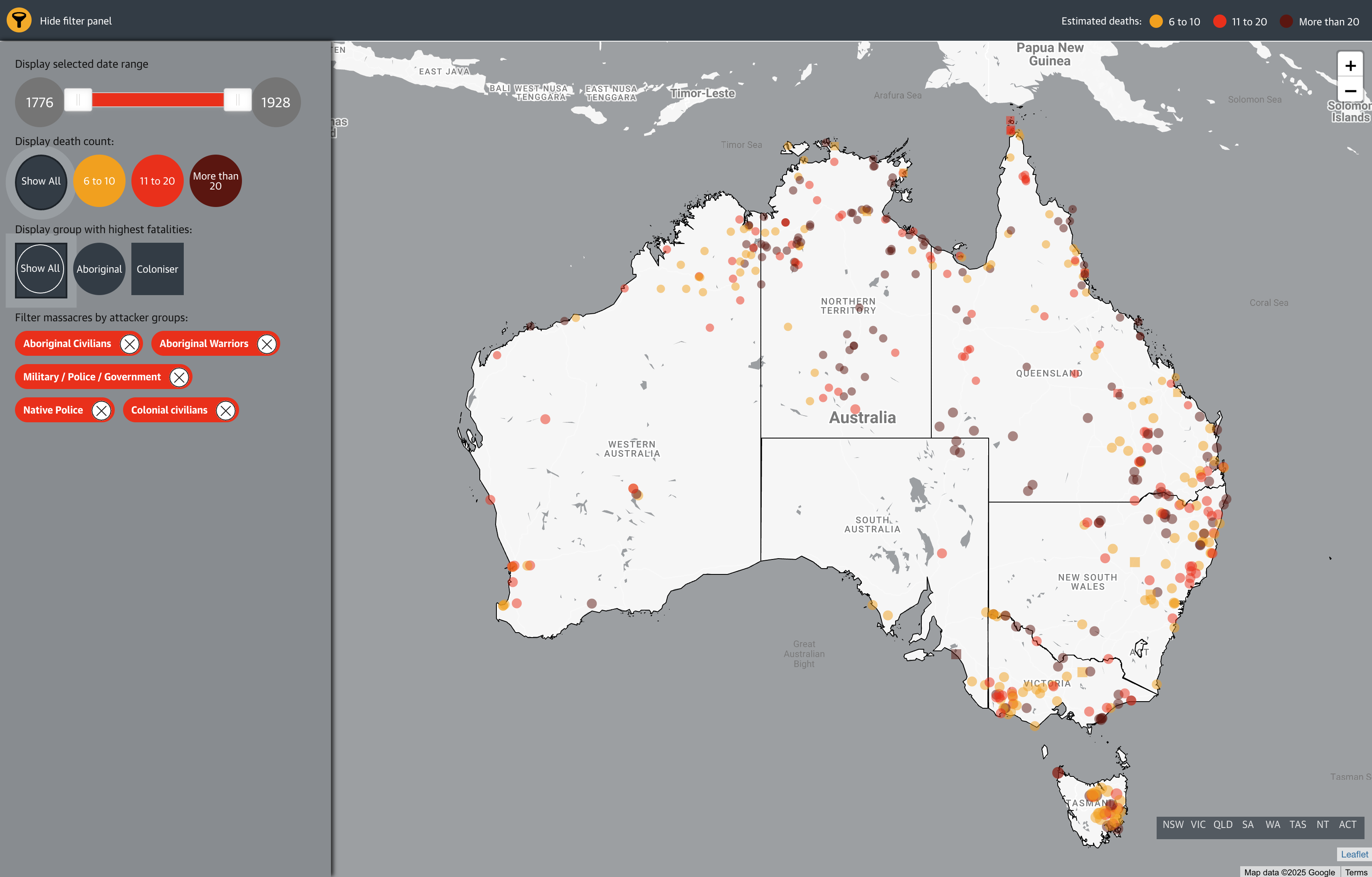 Map of Australia showing data in coloured dots