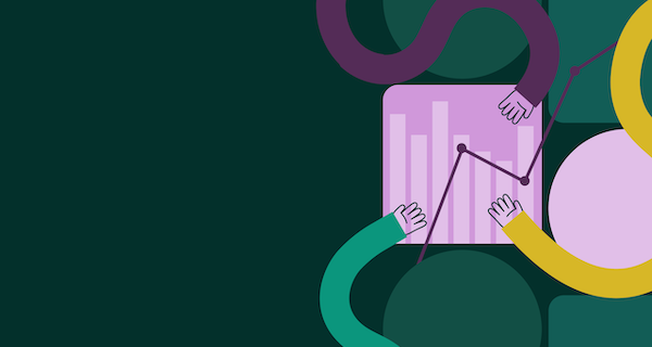 Four illustrated cartoon hands hover over a bar and line chart.