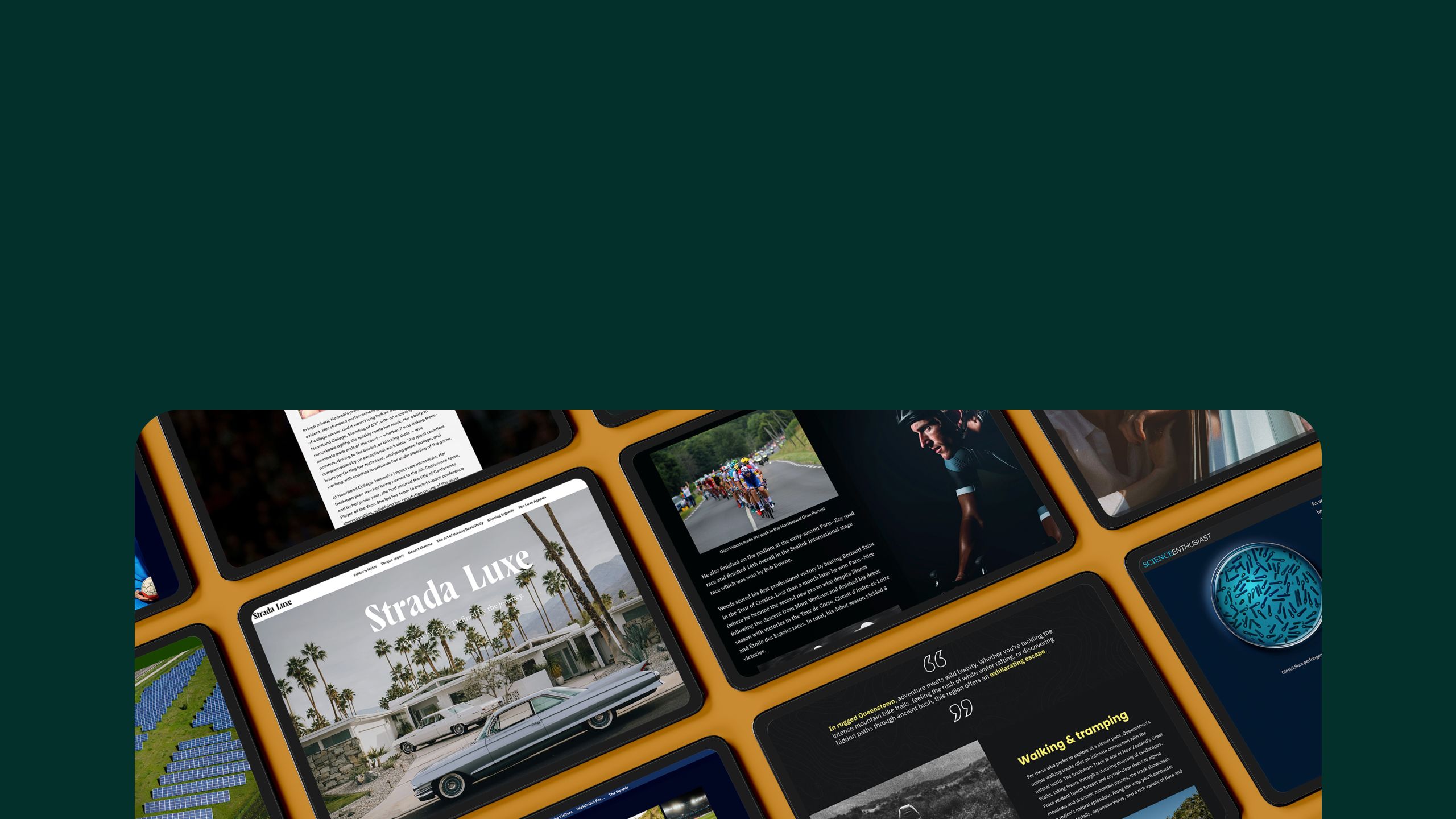 A collage of devices showing various digital magazine templates.