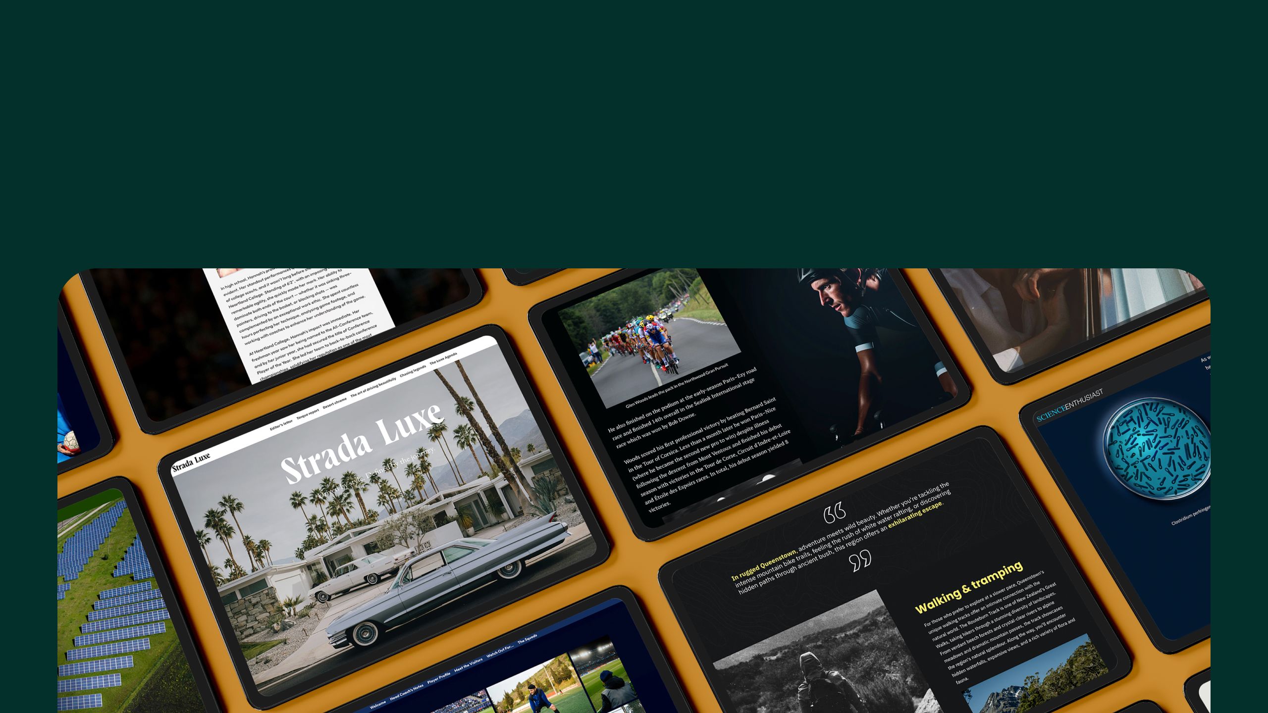 A collage of devices showing various digital magazine templates.