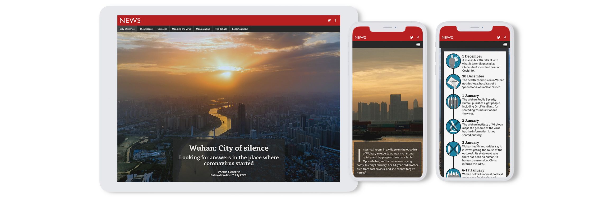 Screenshots from the BBC digital story, Wuhan: City of Silence