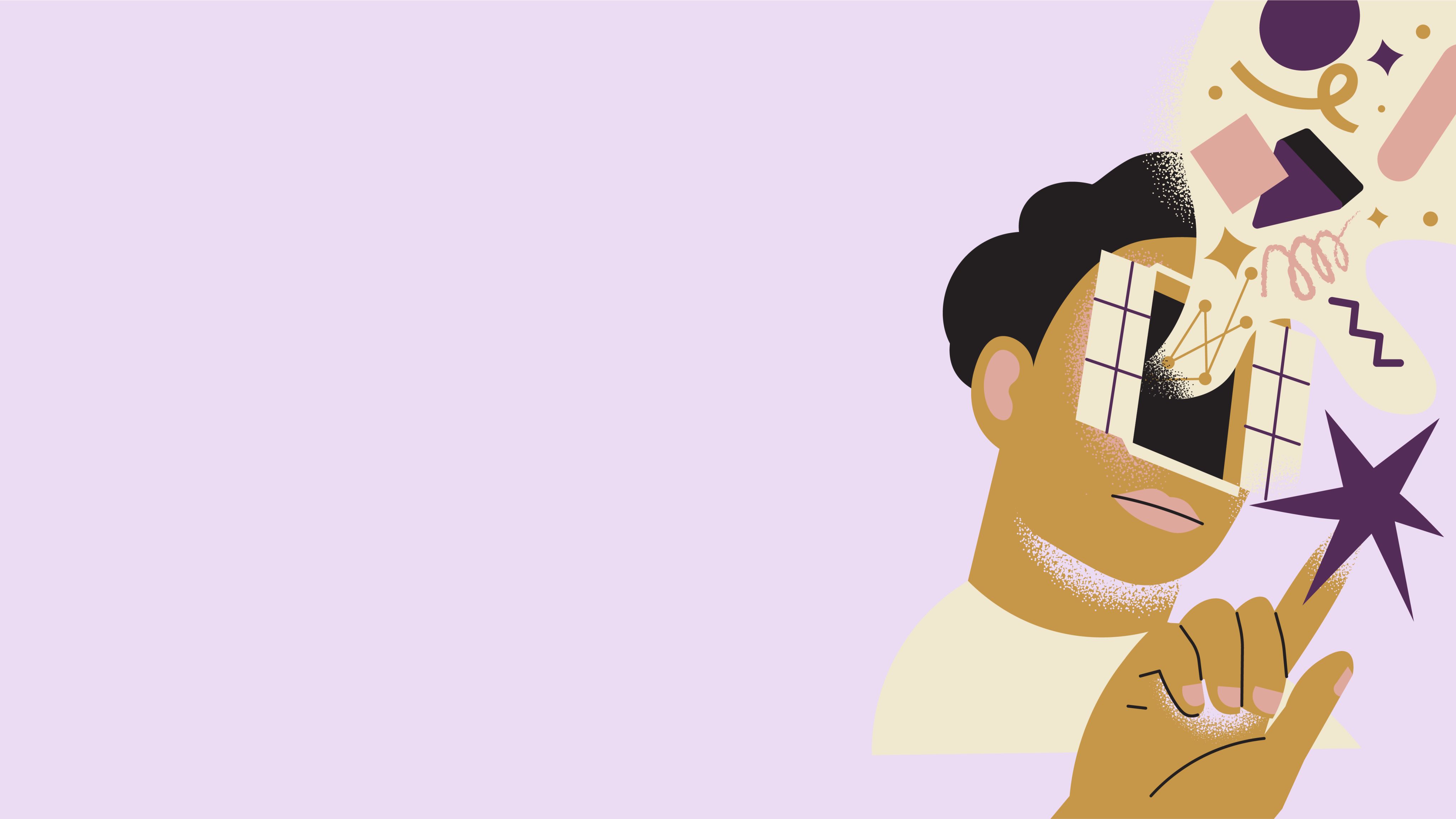 cartoon illustration of a window going into a mind, with shapes floating out.