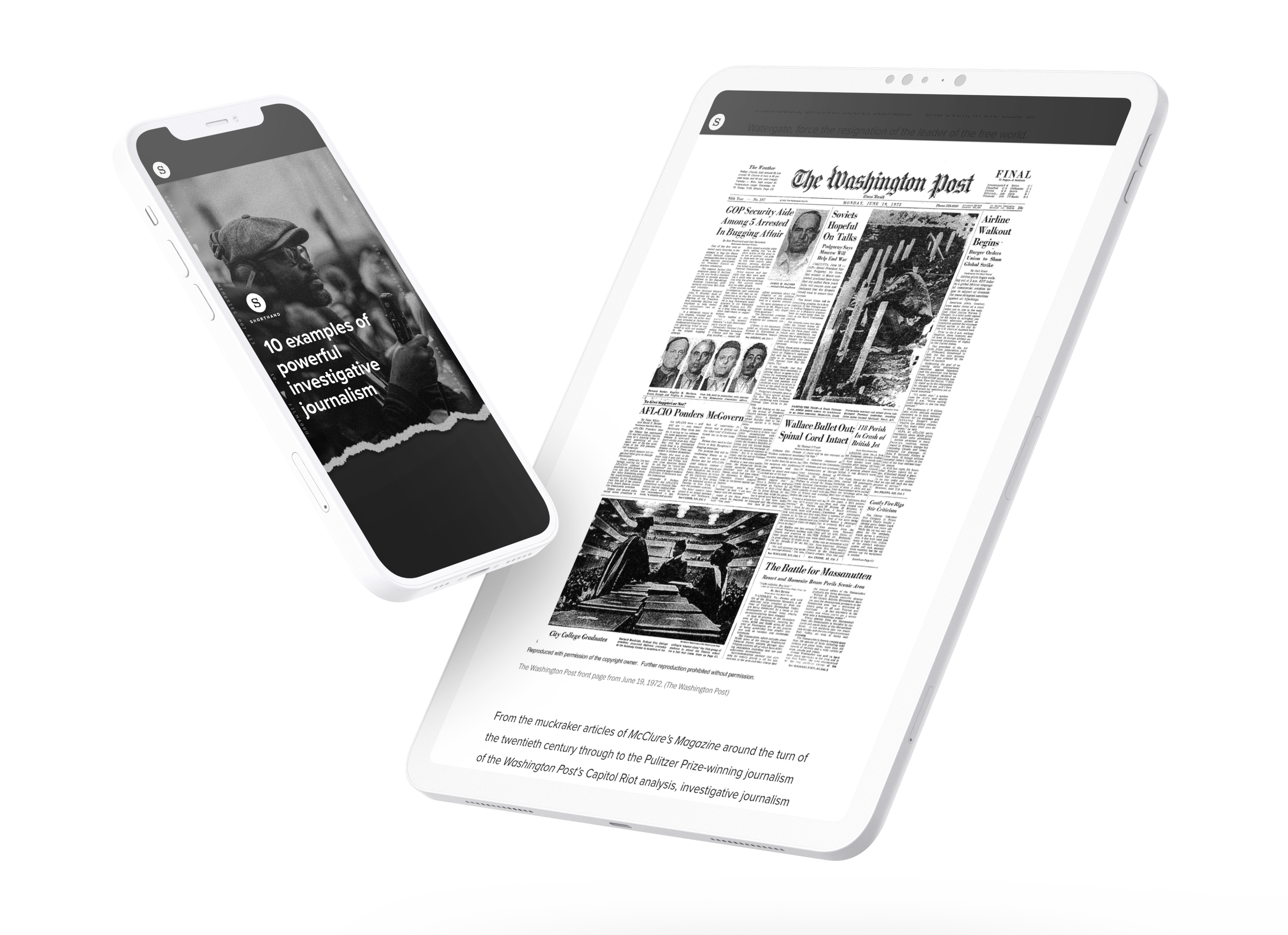 Screenshots from Washington Post article and Shorthand piece on mobile devices.