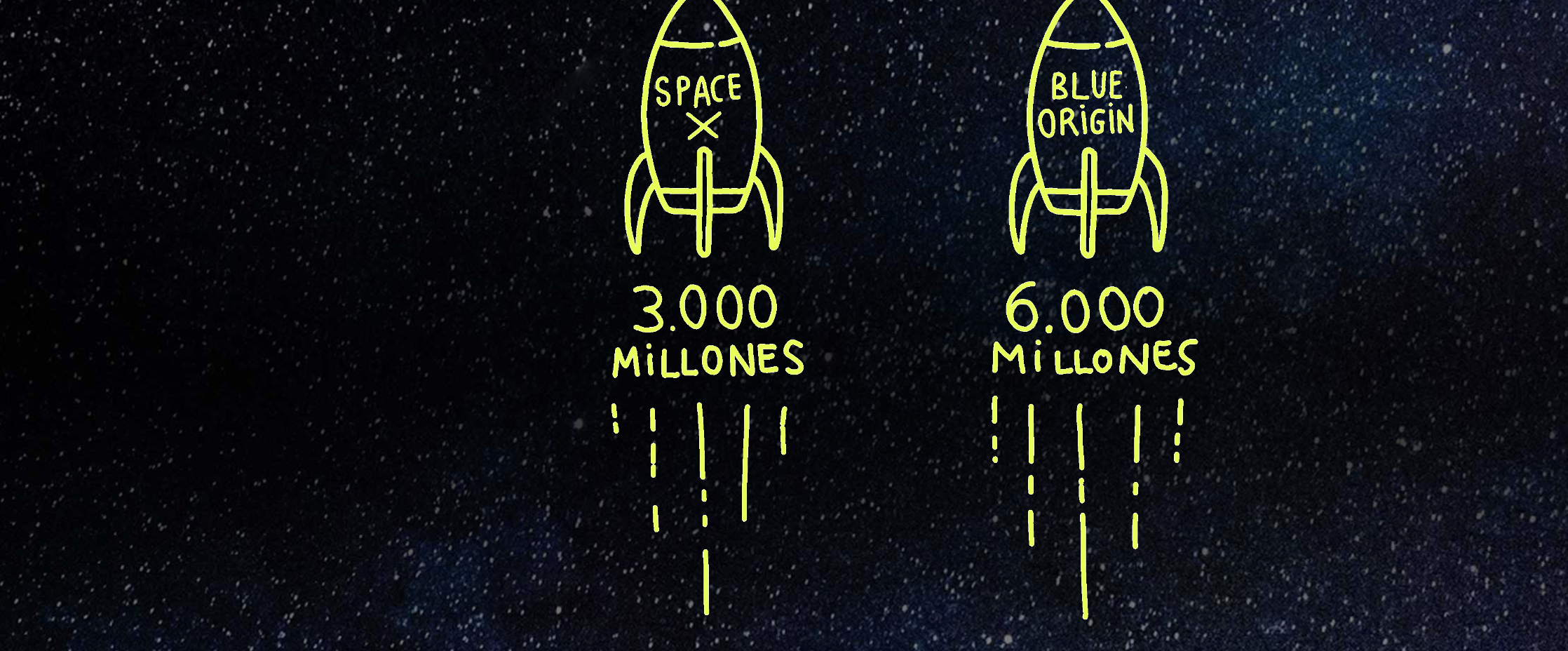 Two illustrated rockets taking off.