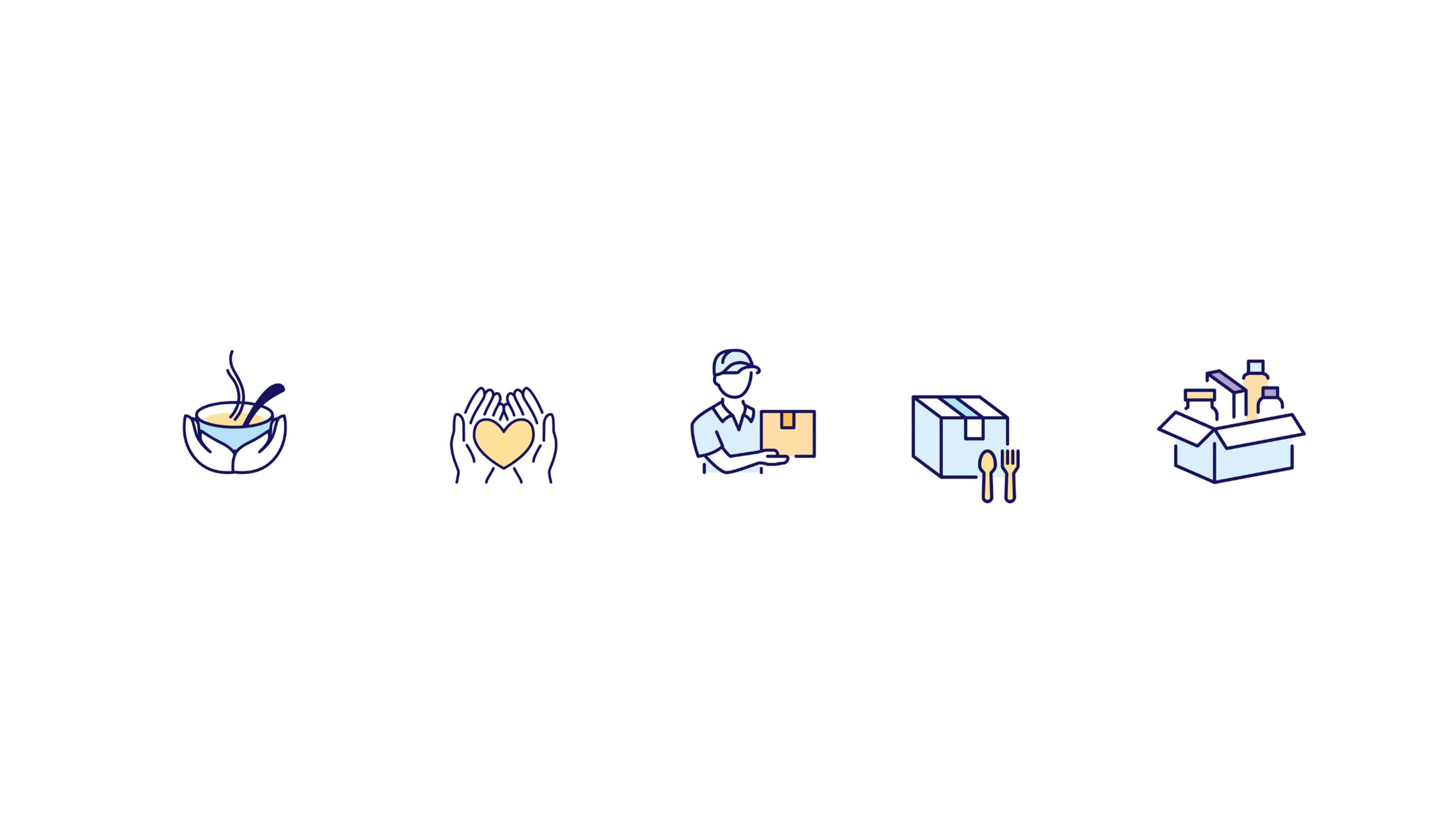 Donor impact report picture contains icons of hands holding a bowl of food, hands holding a heart, a delivery person, a box and knife and fork, and a box of books and containers.