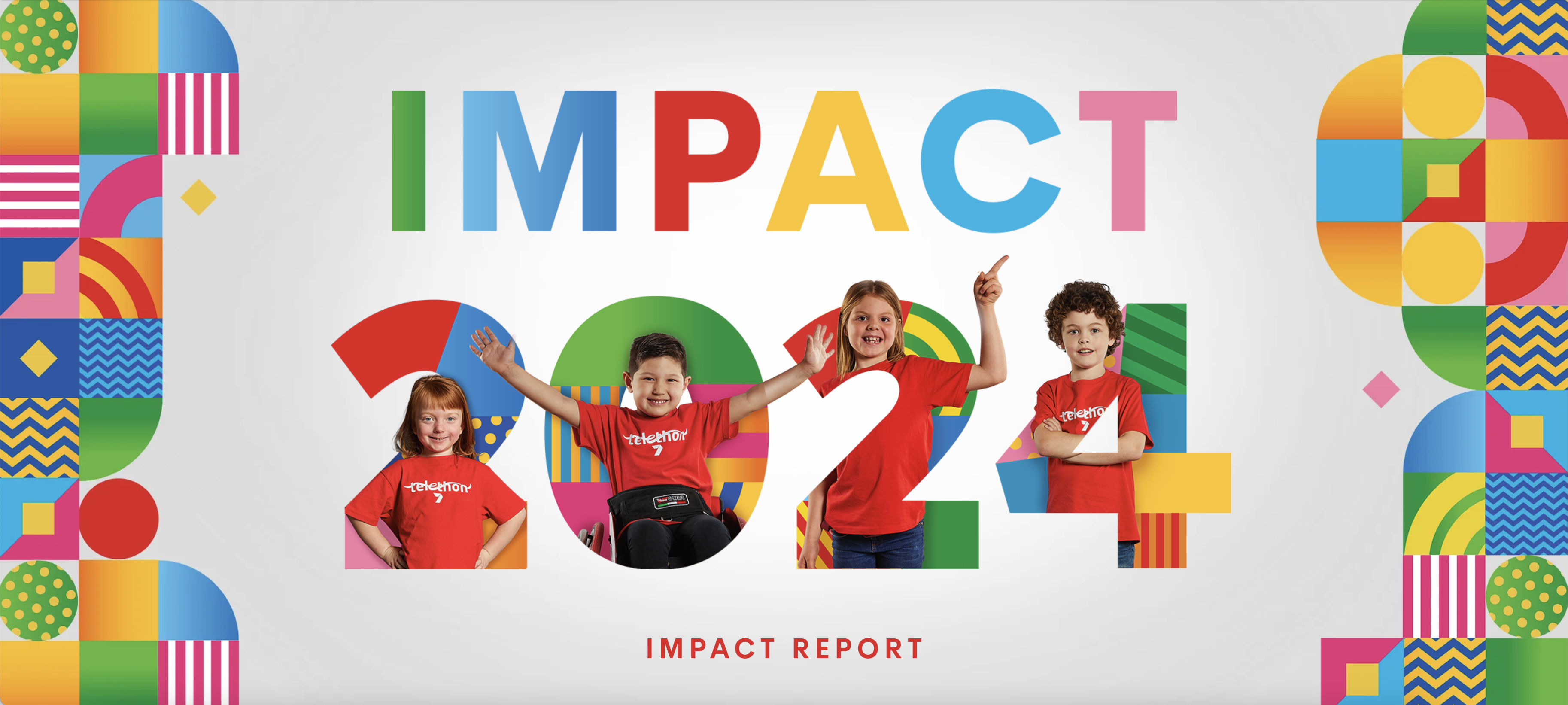 Example picture from donor impact report. Four children in red shirts inside the numerals 2024.