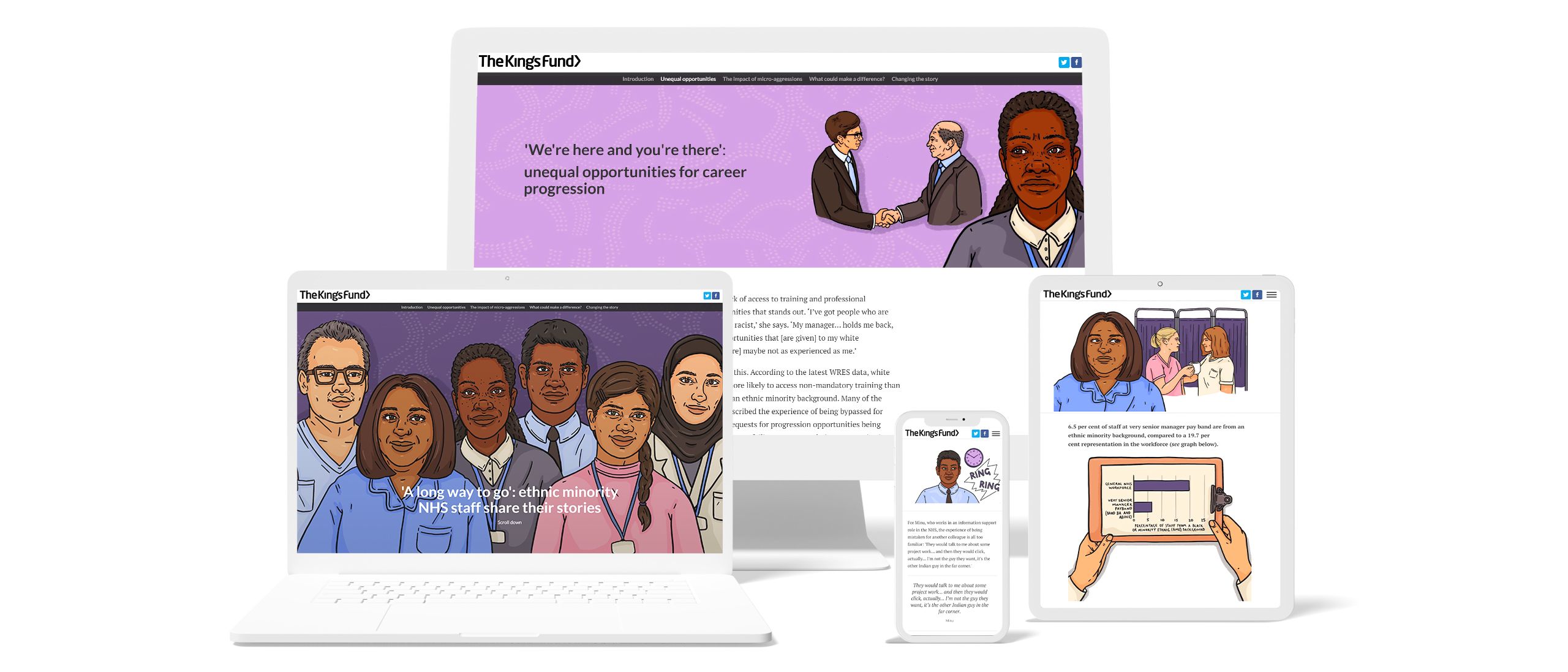 Screenshots from a King's Fund digital story, presented on various screens