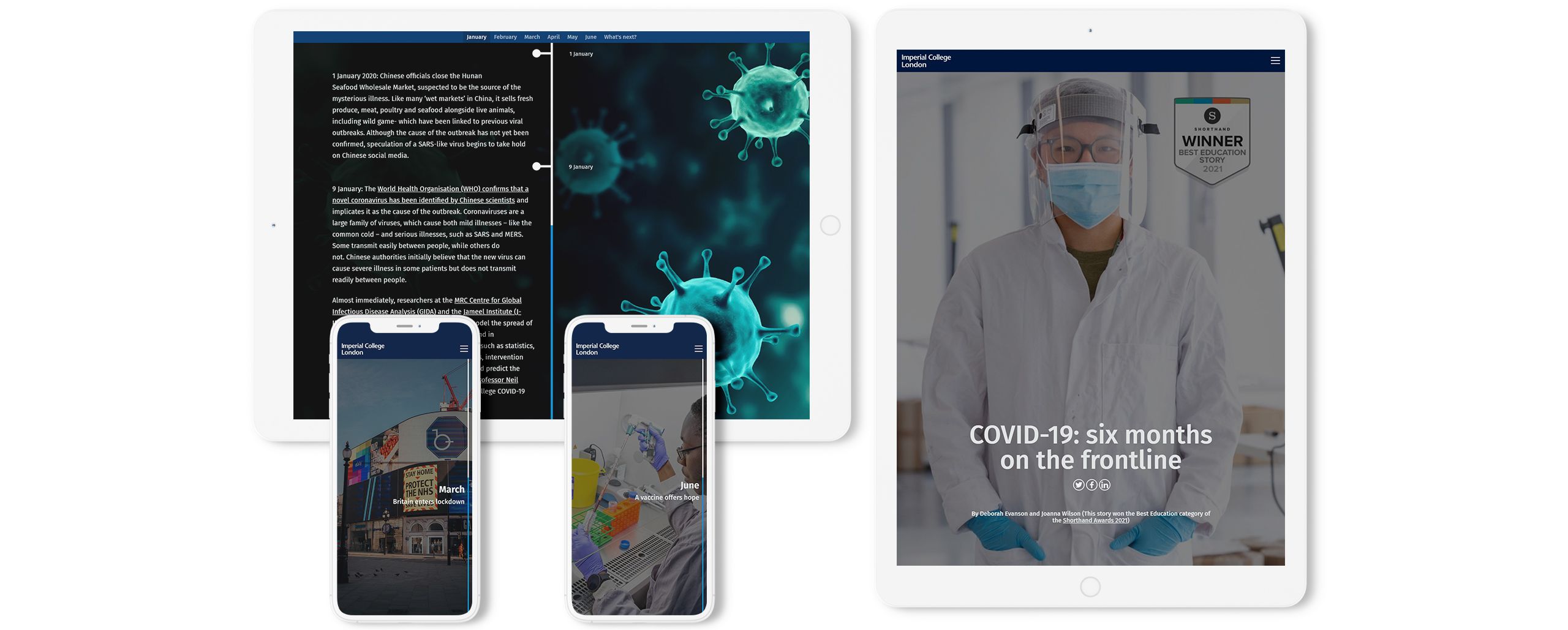 Screenshots from a Imperial College digital story, presented on various screens.