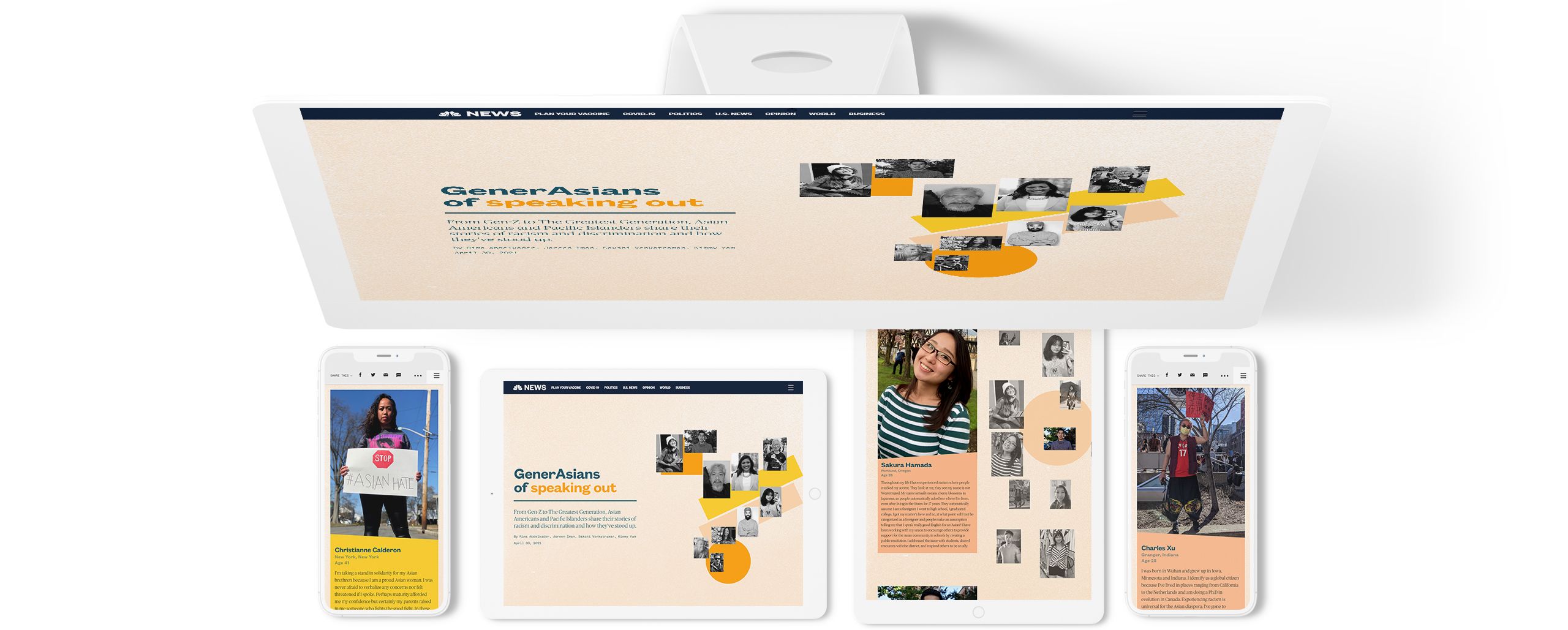 Screenshots from a NBC News digital story, presented on various screens.