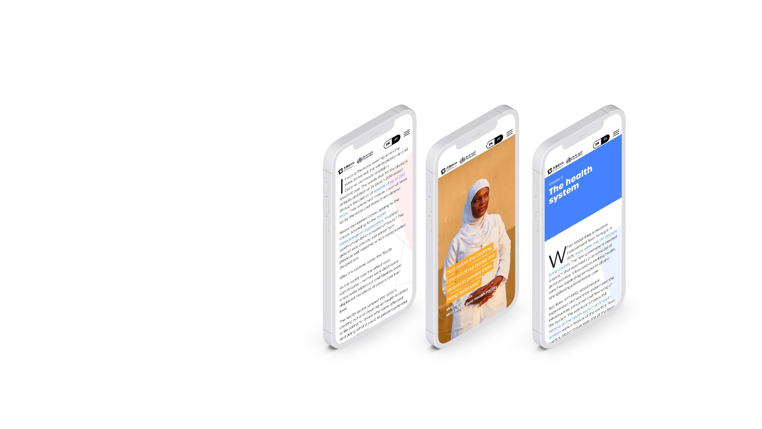 Screenshots from a WHO digital story, presented on three mobile screens.
