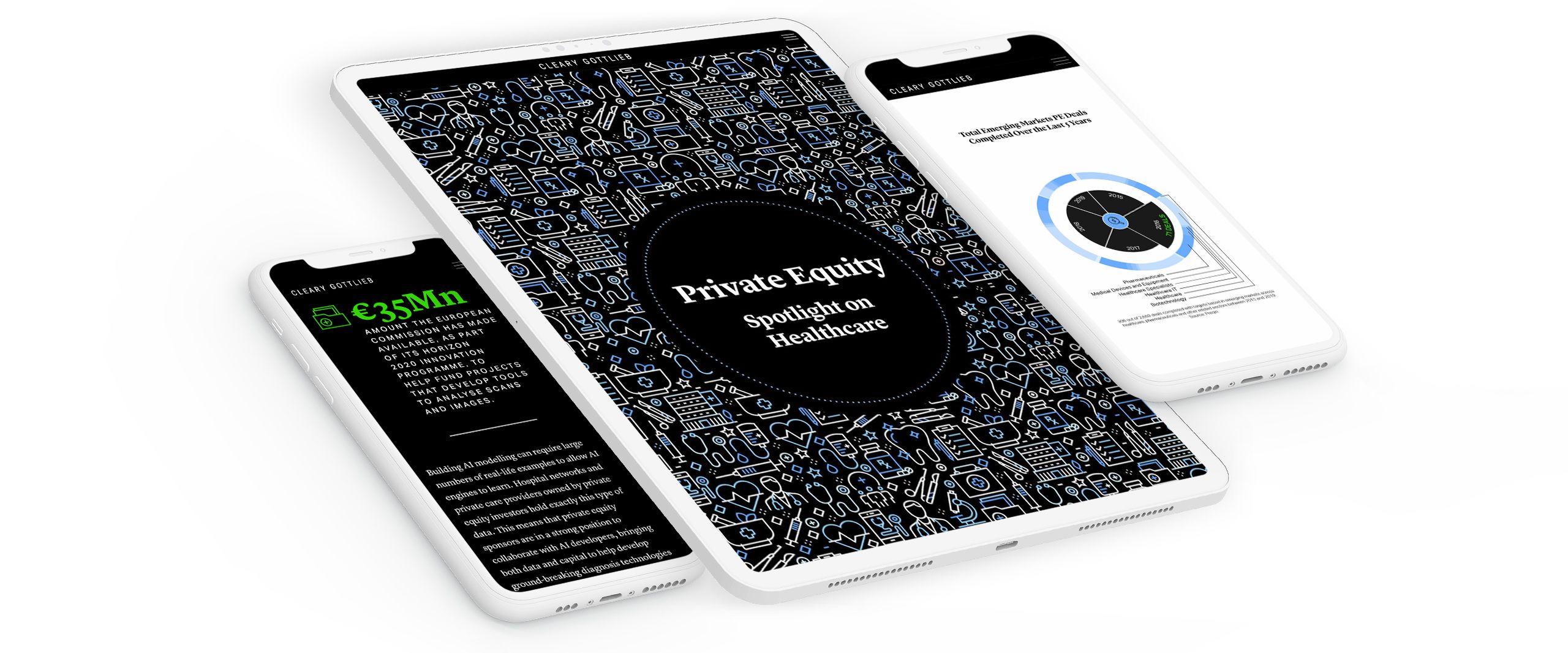 Screenshots from a Clearly Gottlieb digital story, presented on various screens