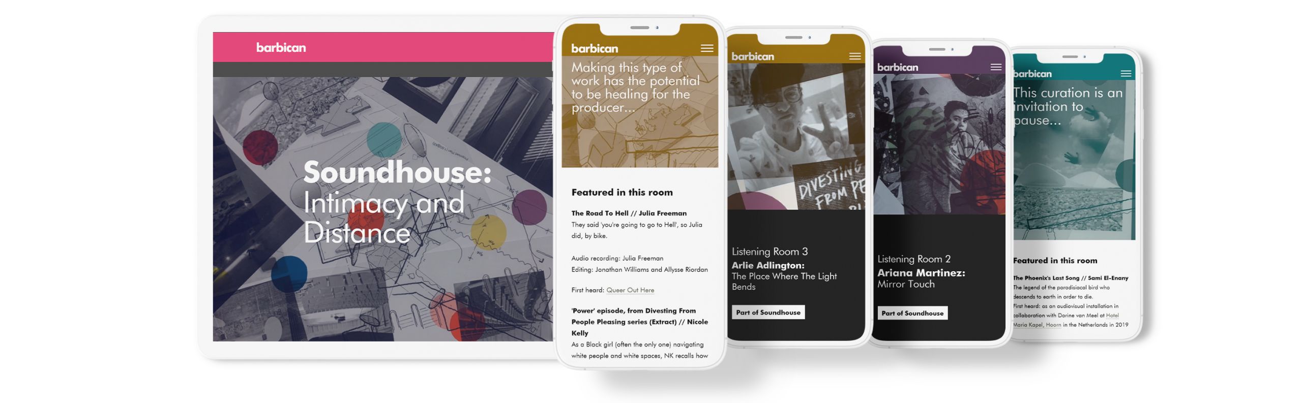 Screenshots from the Barbican digital story, presented on various screens