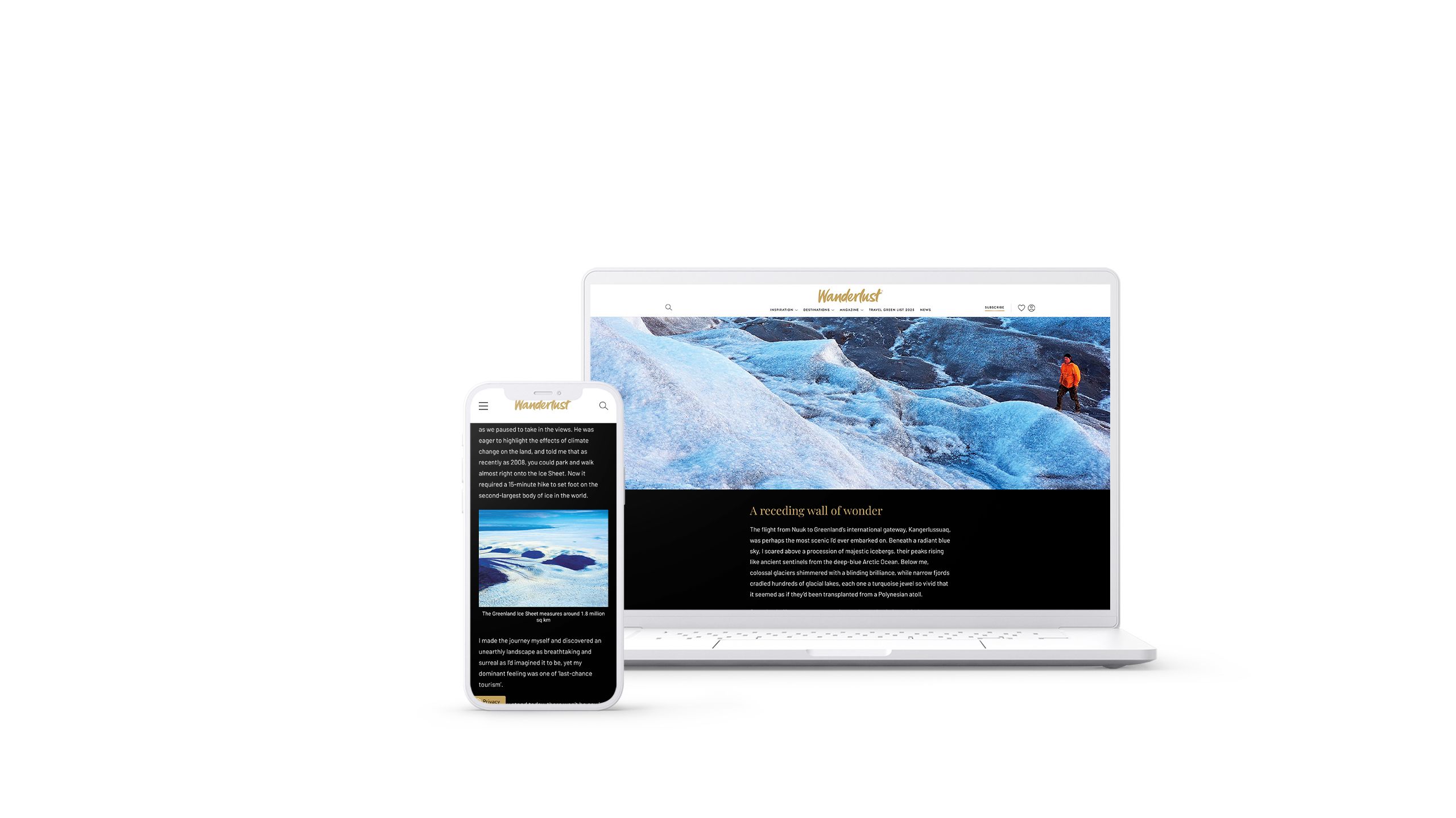 Phone and laptop screen showing Wanderlust magazine