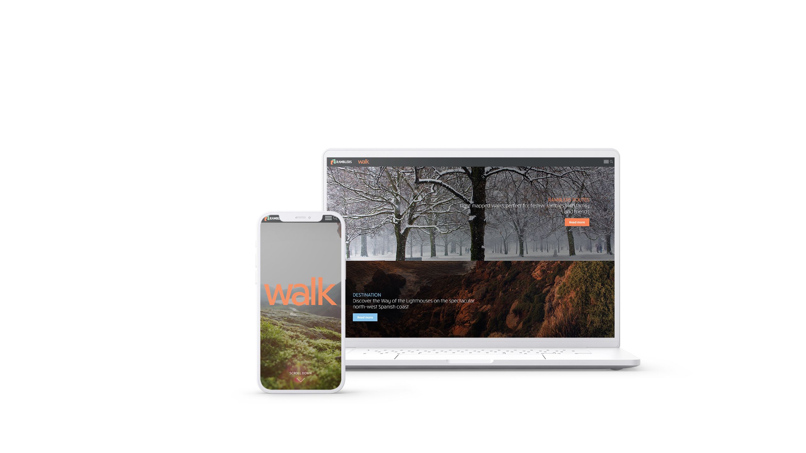 Phone and laptop screen showing Walk by Ramblers