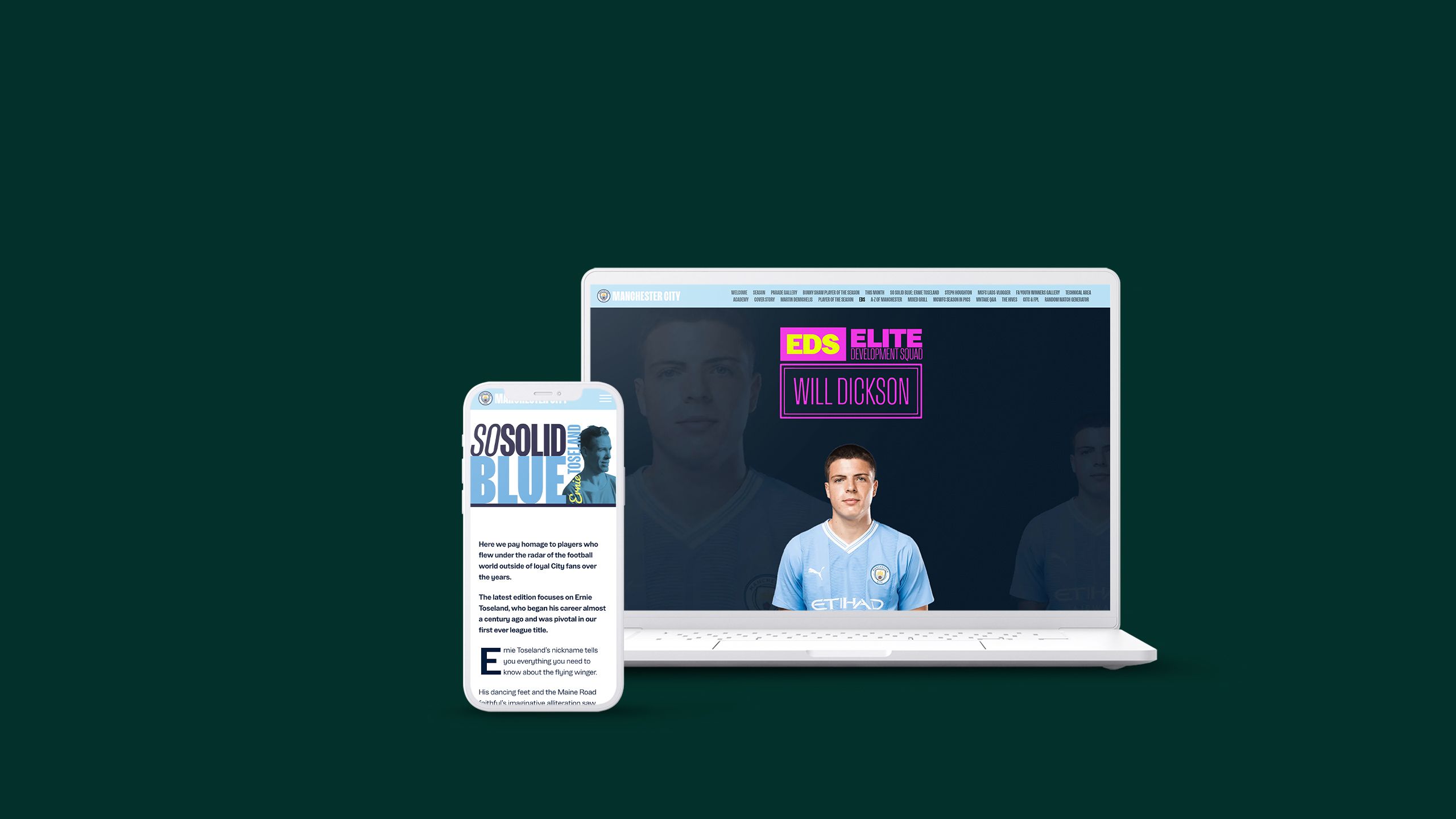Phone and laptop screen showing Manchester City magazine