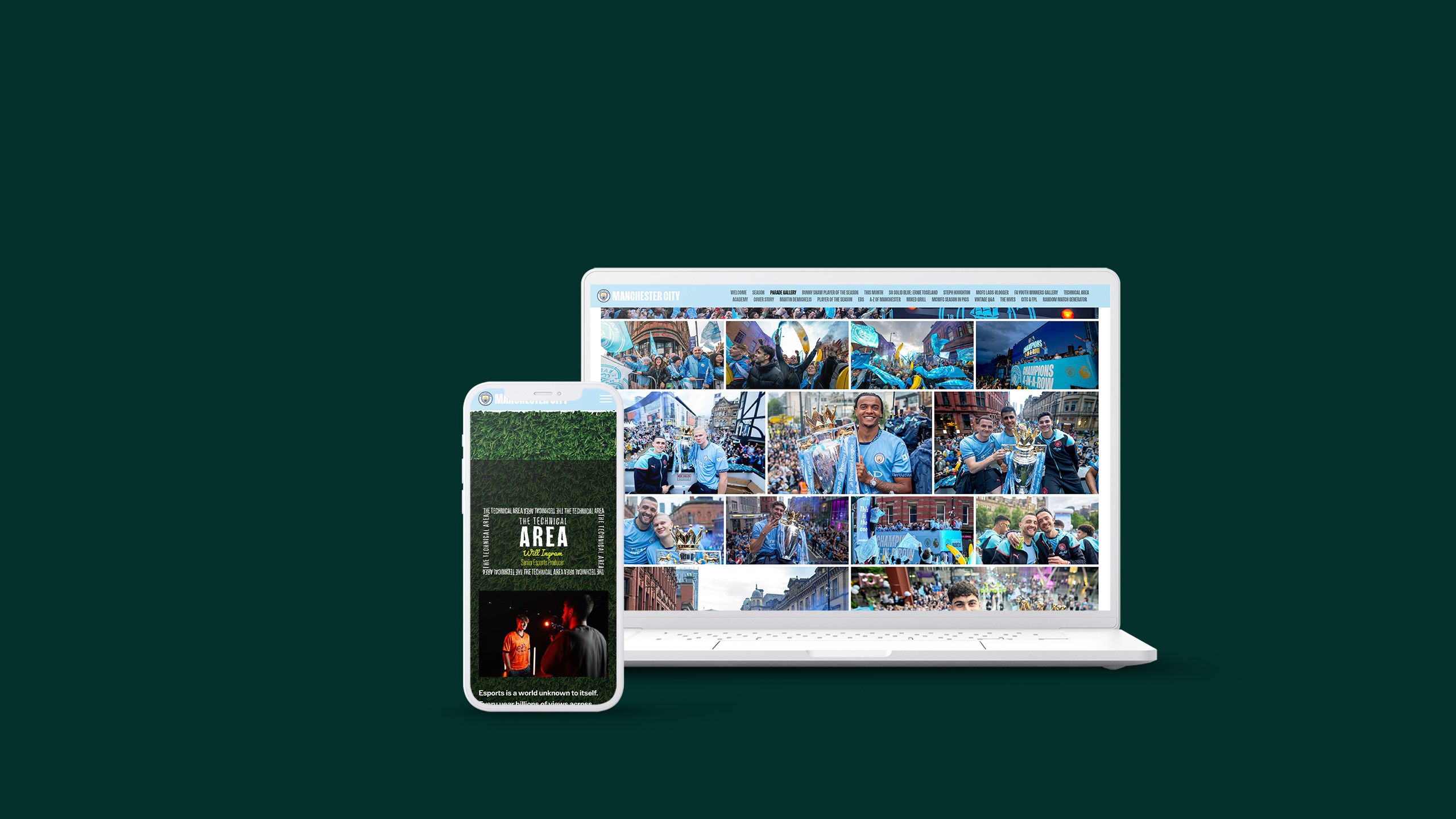 Phone and laptop screen showing Manchester City Magazine