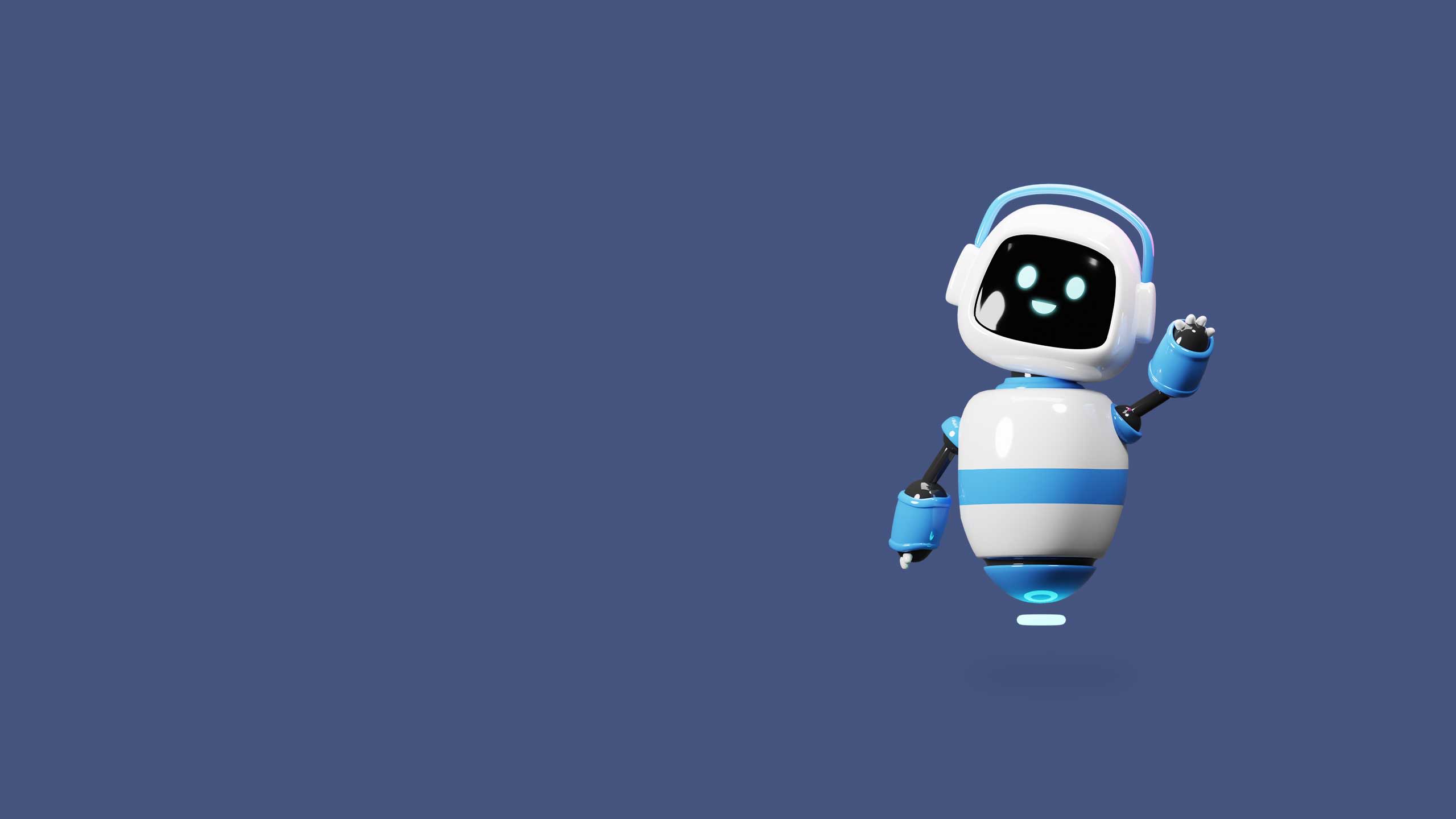 Dark blue background with a small blue-and white robot on the right side, smiling and waving.