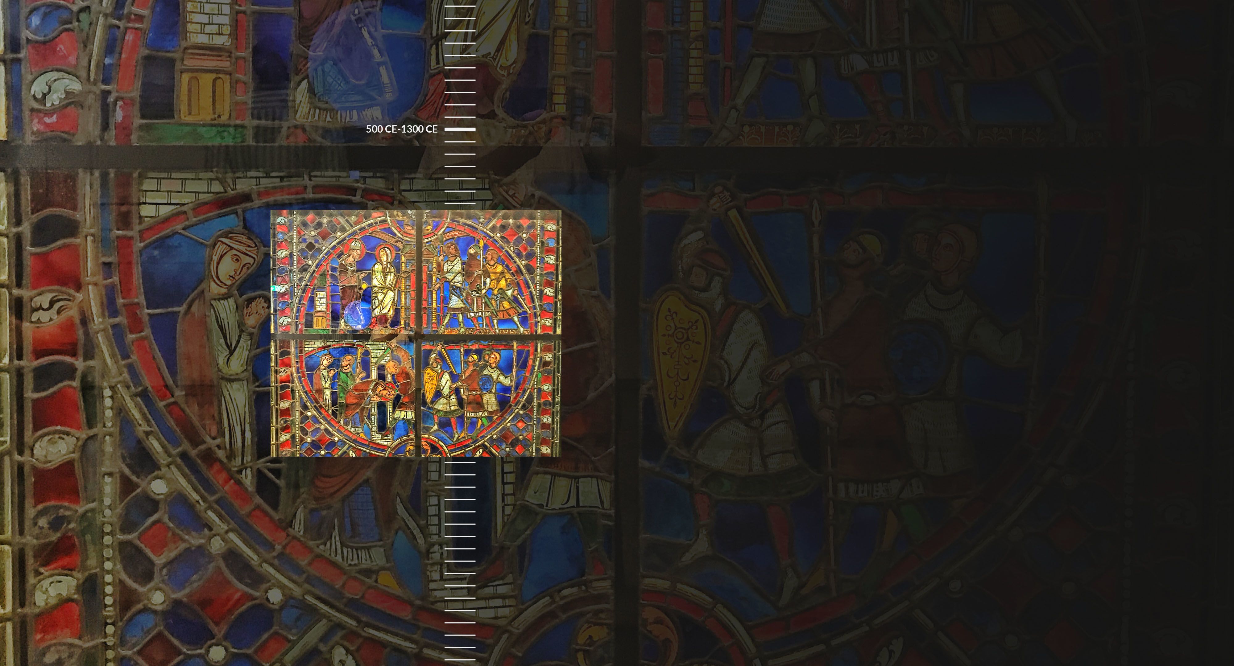 Stained glass cathedral window depicting battle and worship.