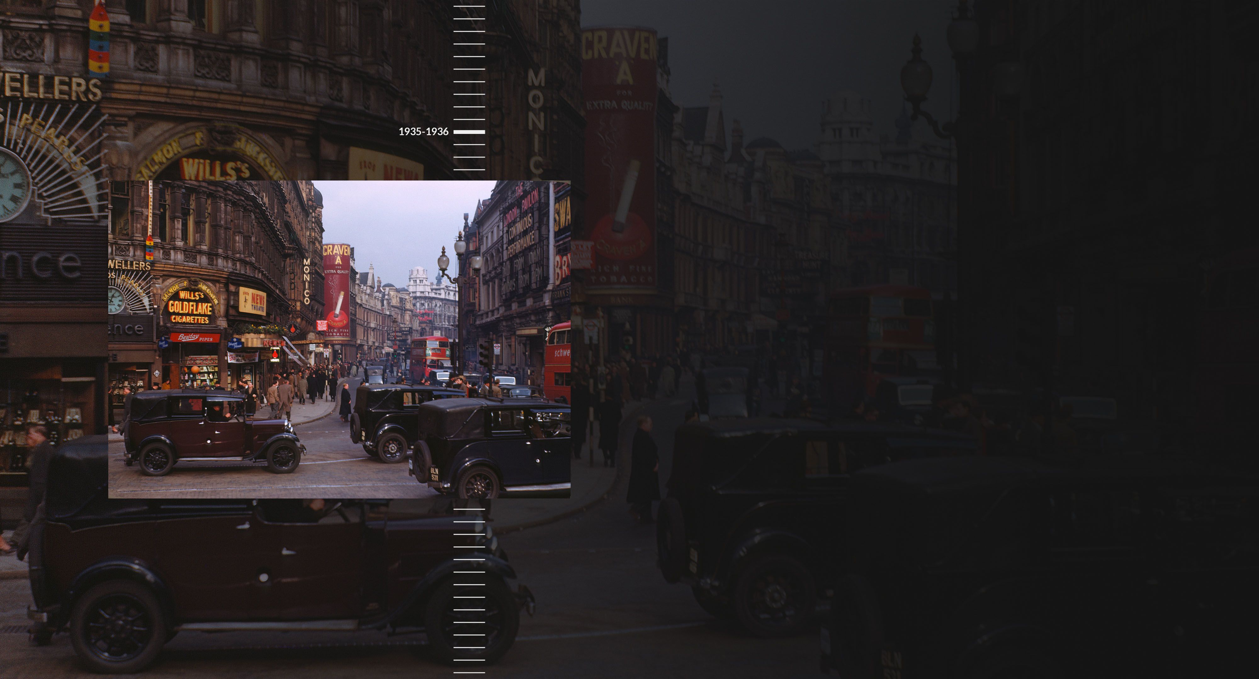 Kodachrome image of a bustling city.