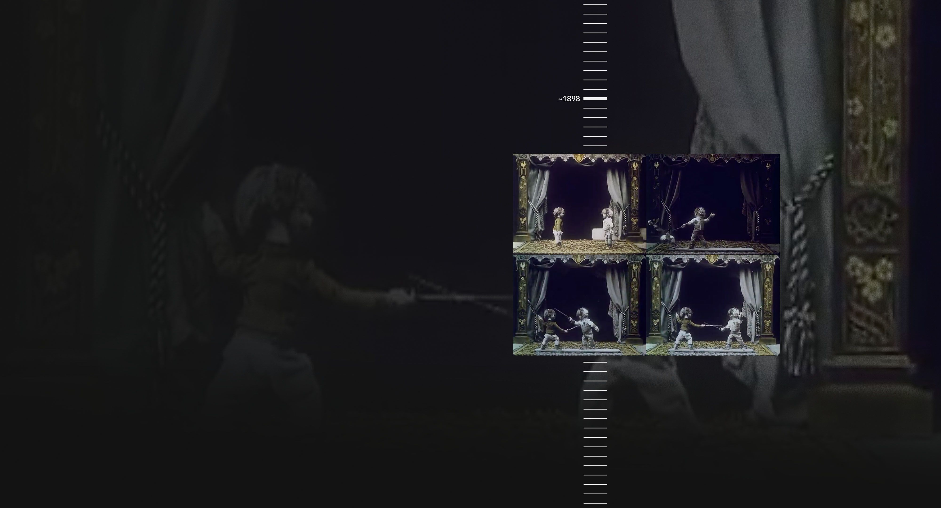Four stills from an early stop motion film of dolls swordfighting.