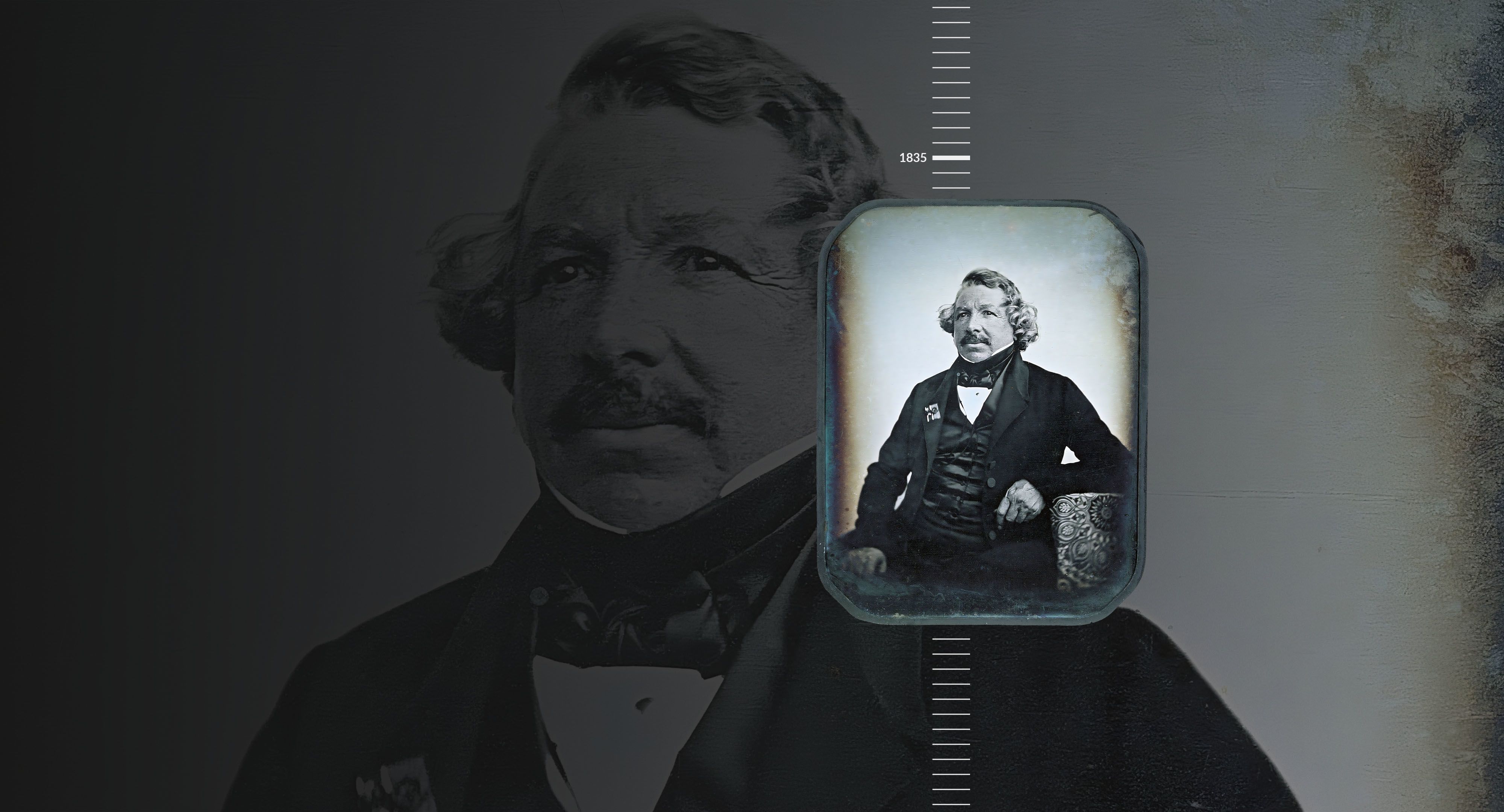 Daguerreotype image of a man in a suit posing.