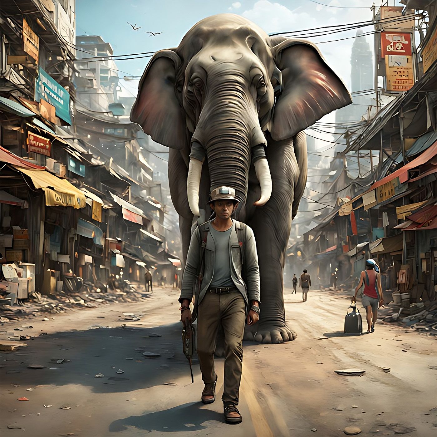AI generated image of man followed down city street by elephant.