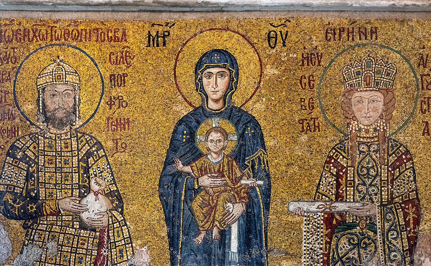 Mosaic of 12th century inside Haghia Sophia Mosque. Istanbul, Turkey